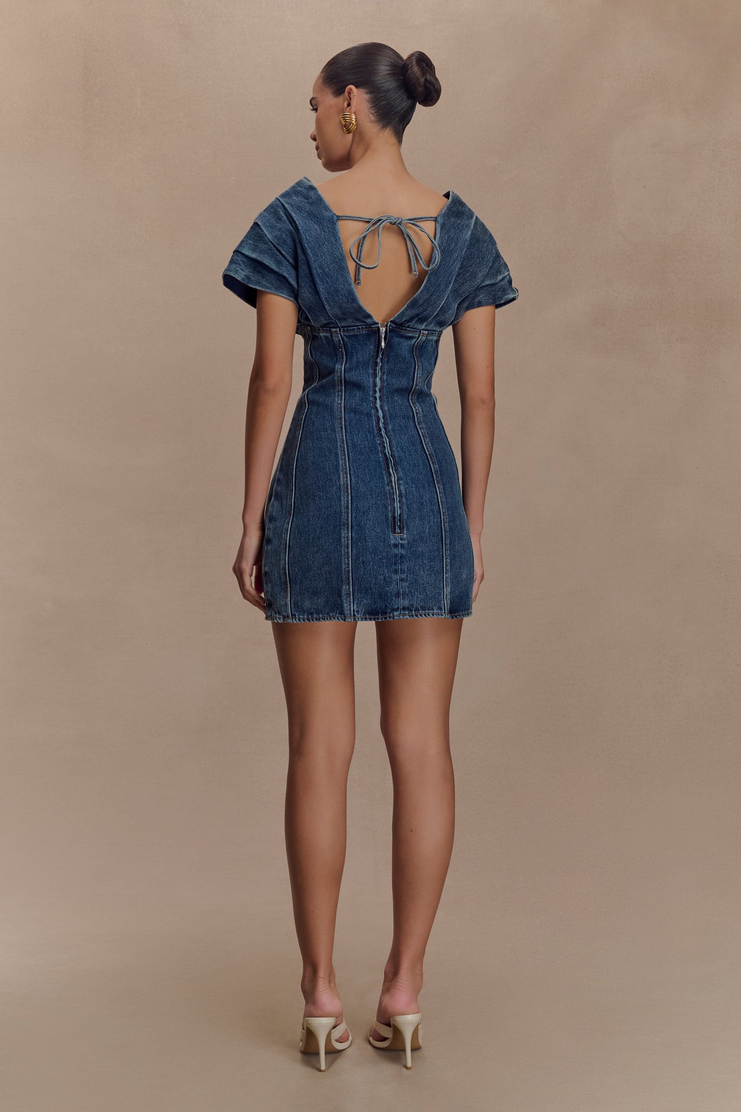 Pascale Off Shoulder Denim Mini Dress - Washed Dark Blue