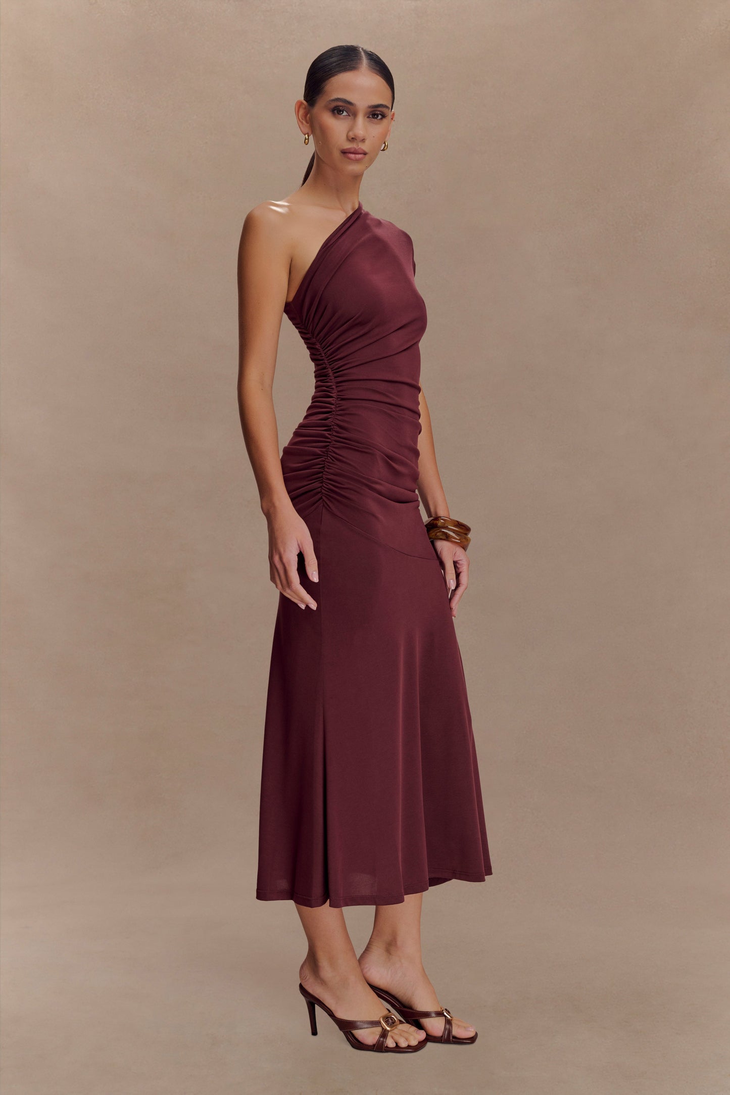 Chloe Peached Jersey One Shoulder Midi Dress - Mahogany