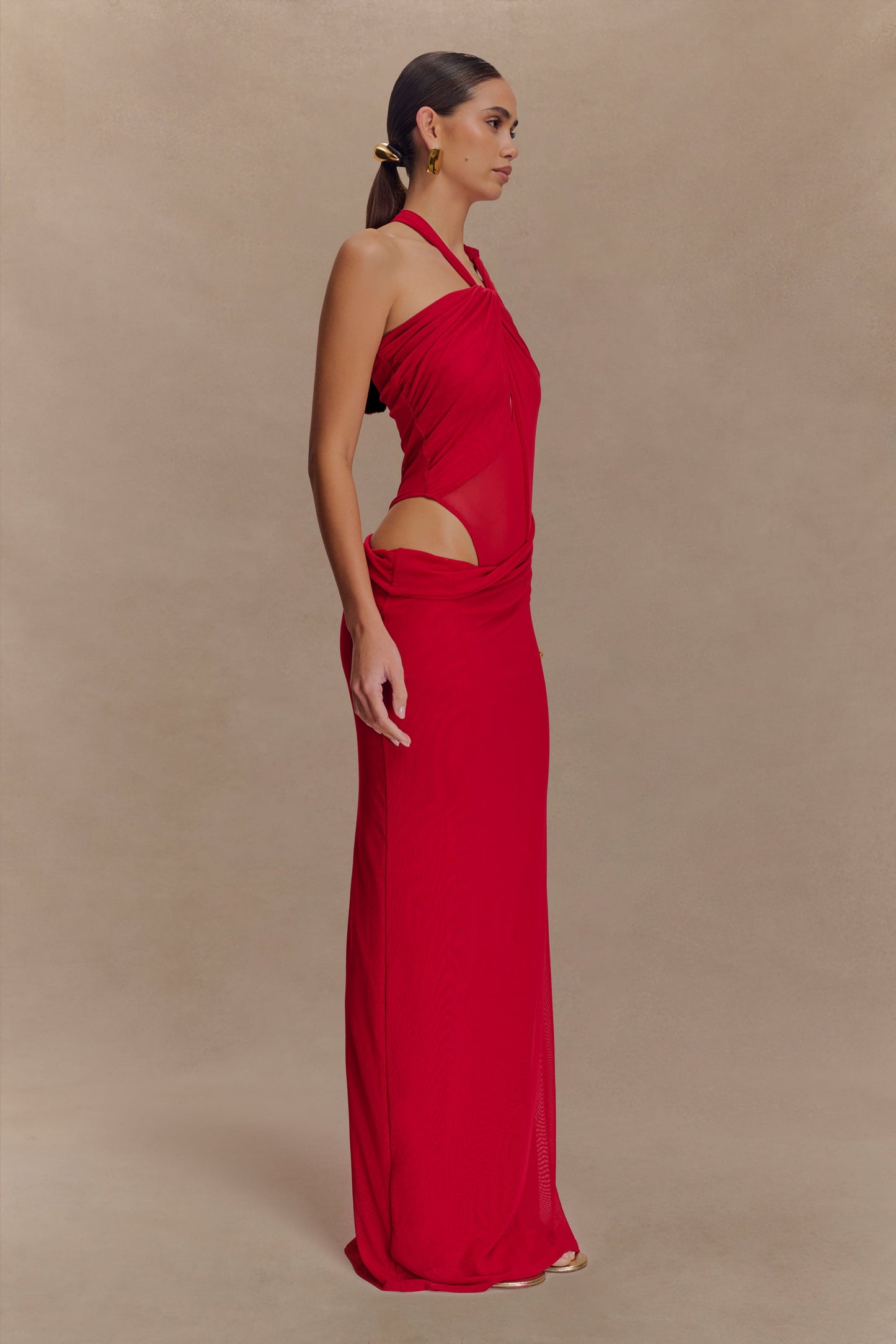 Edwina Knotted Mesh Maxi Dress - Red