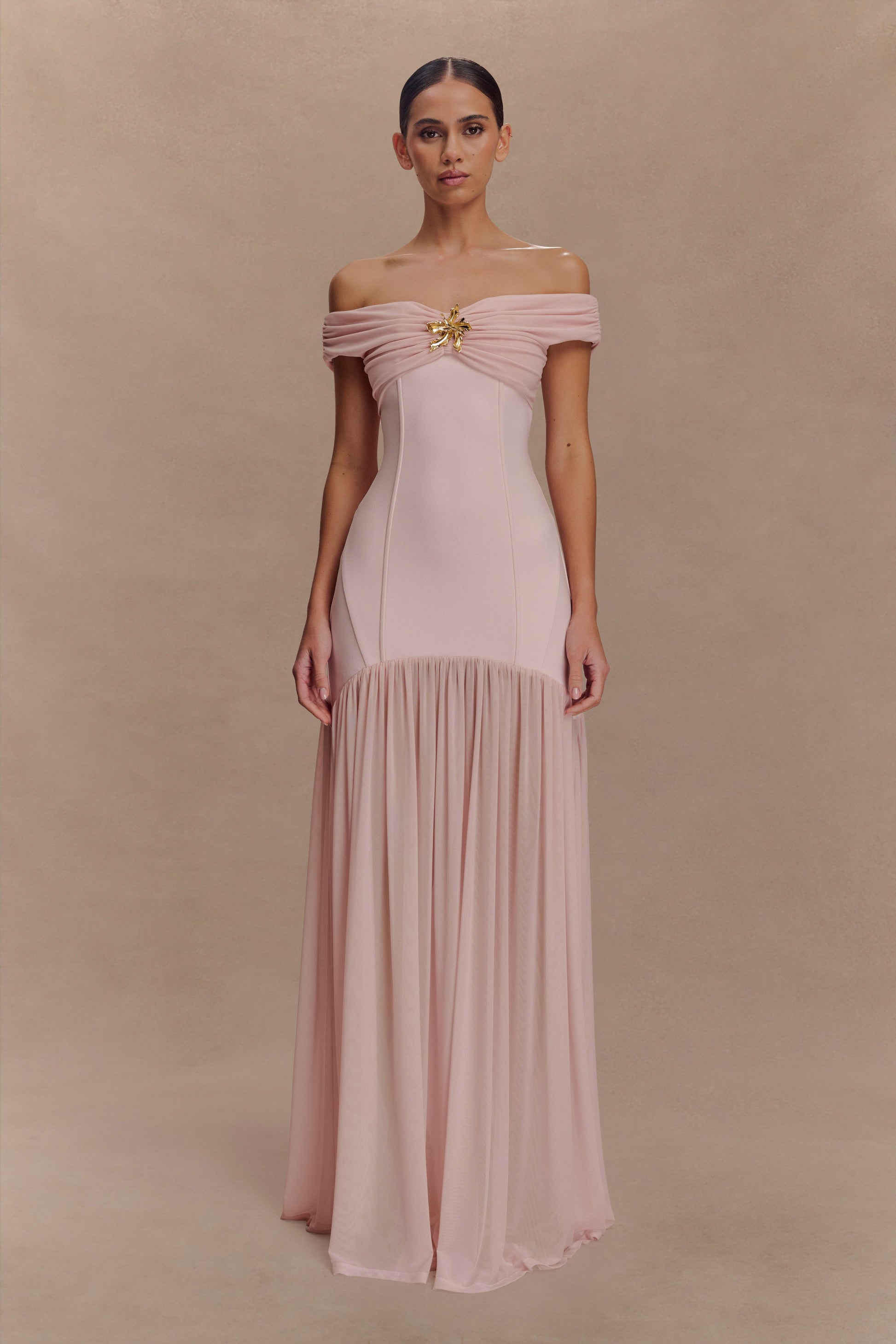 Kellie Off Shoulder Crepe Maxi Dress - Blush Pink - View 2 | Shop Formal Dress