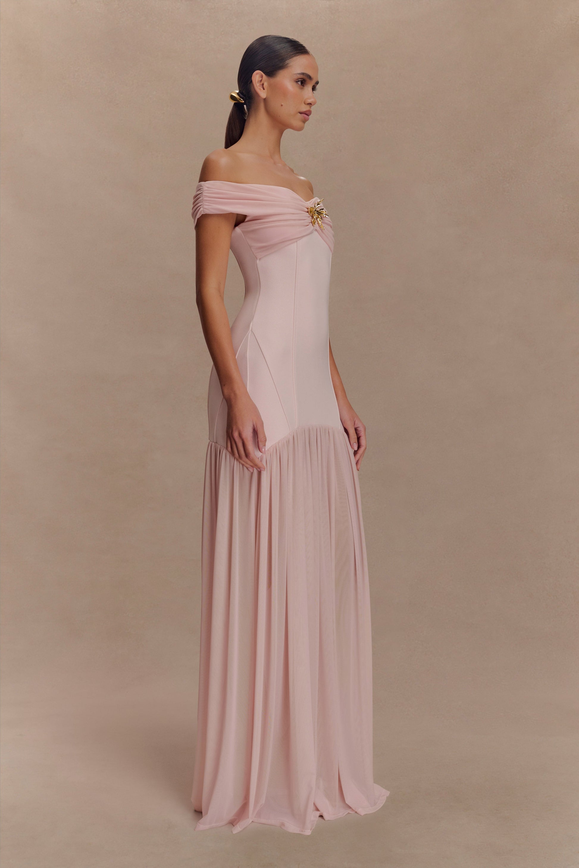 Kellie Off Shoulder Crepe Maxi Dress - Blush Pink - View 5 | Shop Formal Dress