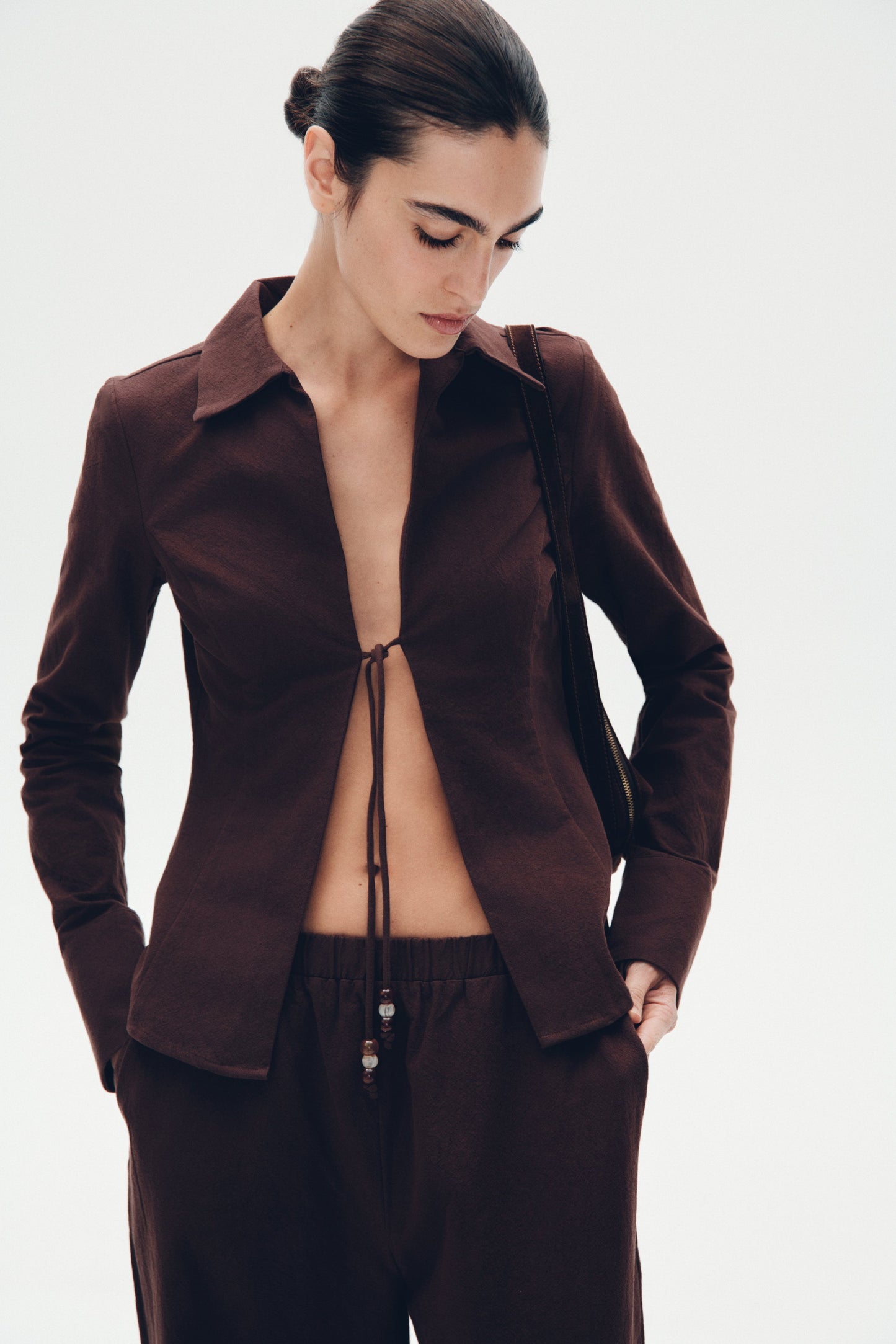 Annalee Cotton Beaded Tie Shirt - Dark Espresso