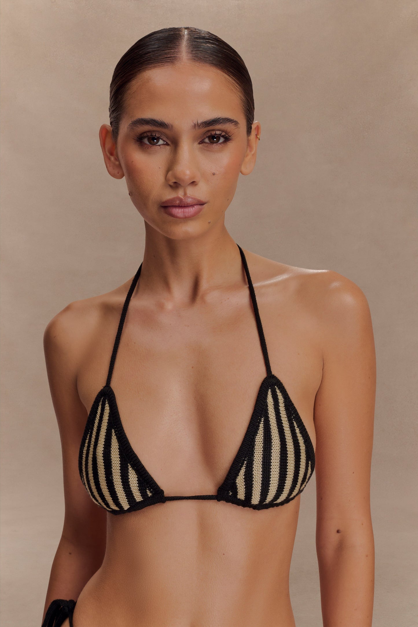 Corrie Crochet Tie Up Bikini Top - Black And Neutral Stripe