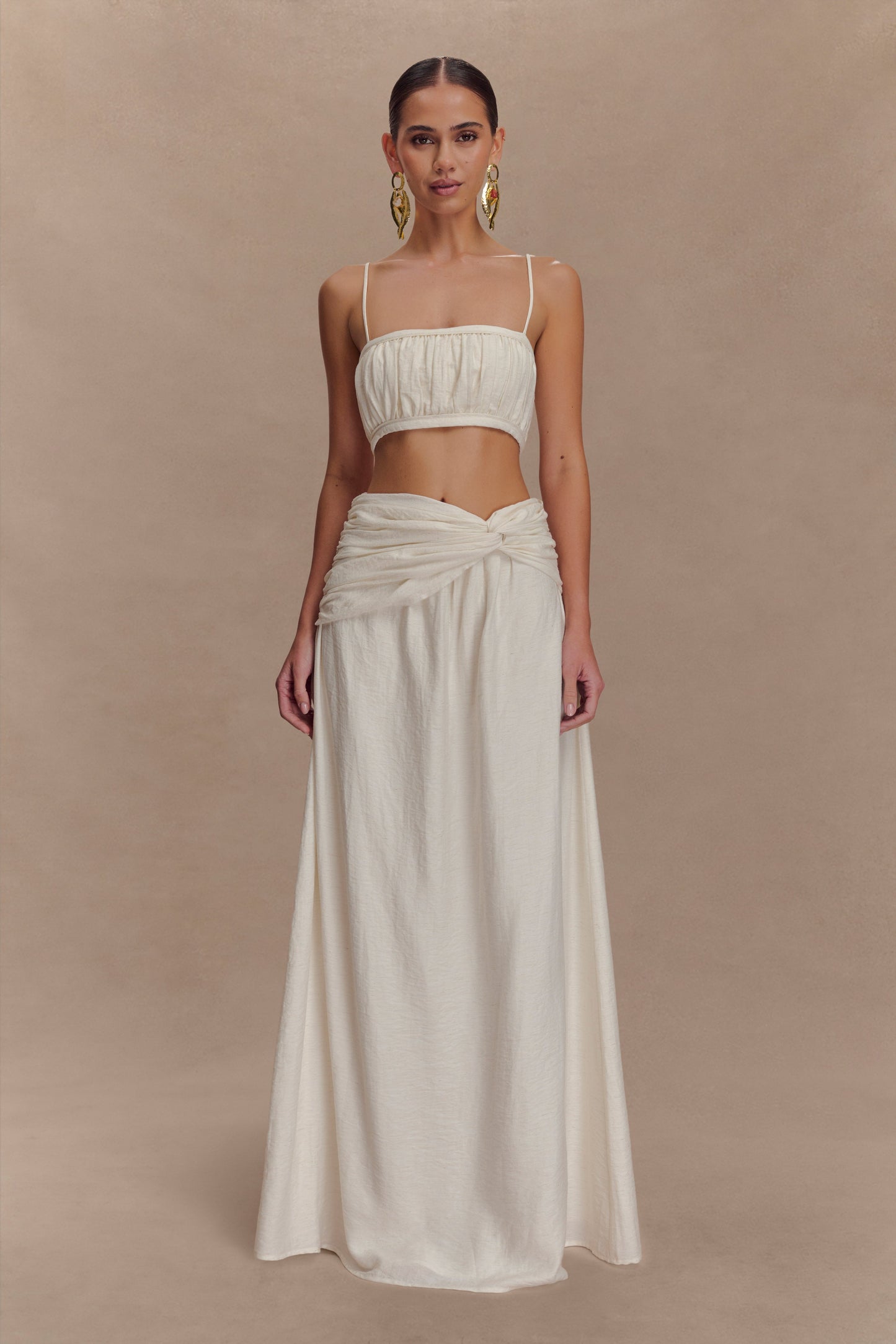 Scottie Gathered Linen Knot Maxi Skirt - Oat Marle