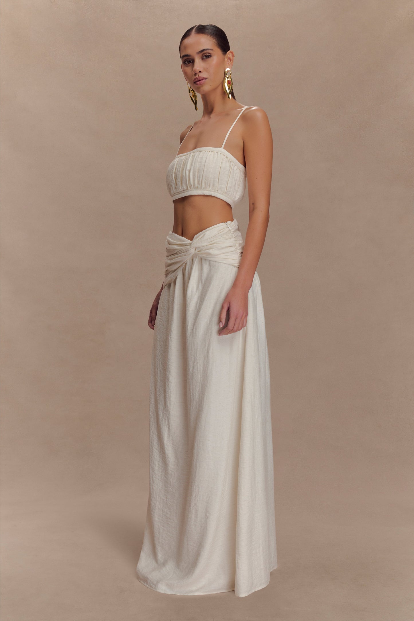 Scottie Gathered Linen Knot Maxi Skirt - Oat Marle