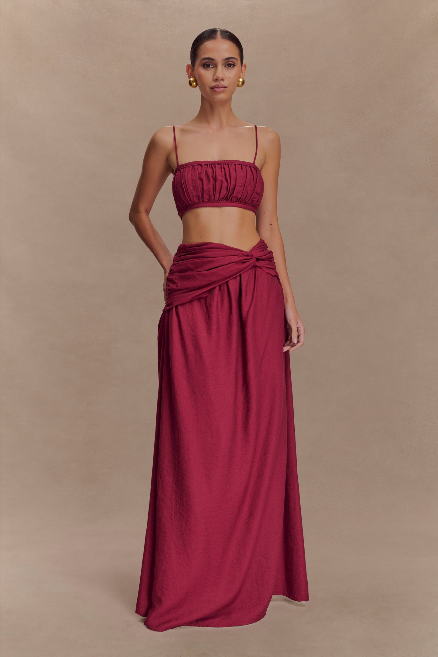 Scottie Gathered Linen Knot Maxi Skirt - Wine