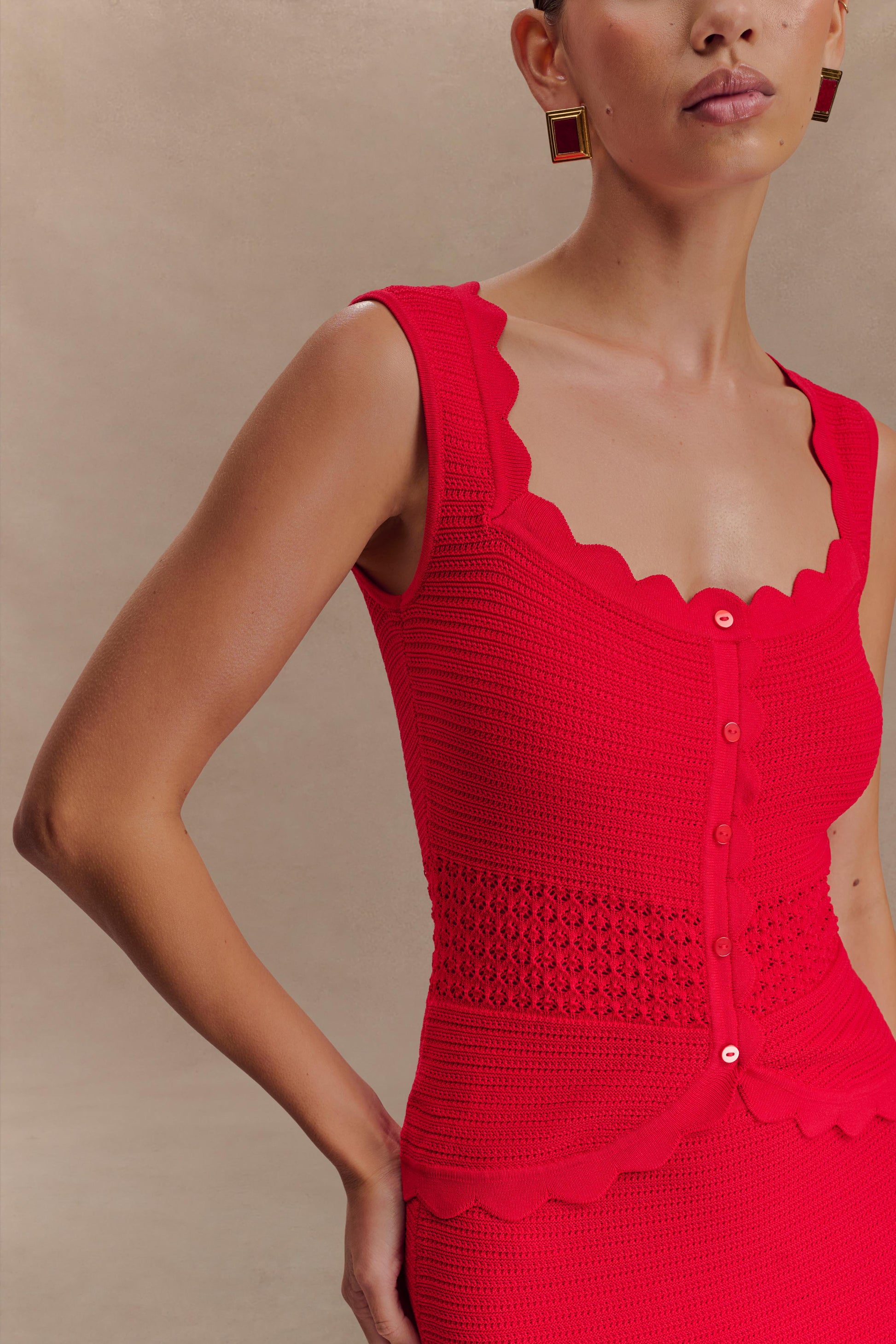 Collective Tops - Madeline Scallop Knit Top - Red fourth image