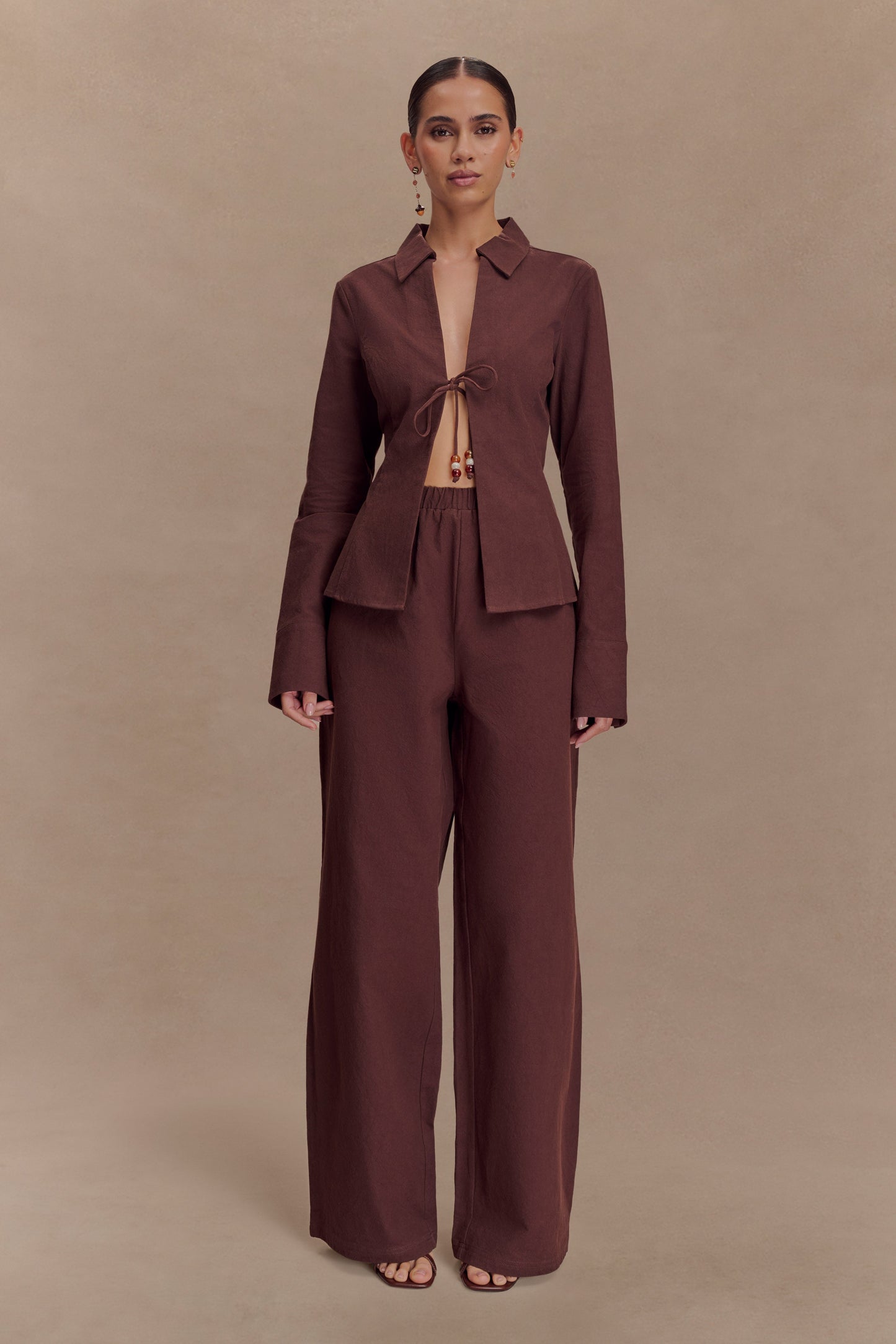 Annalee Cotton Beaded Tie Shirt - Dark Espresso