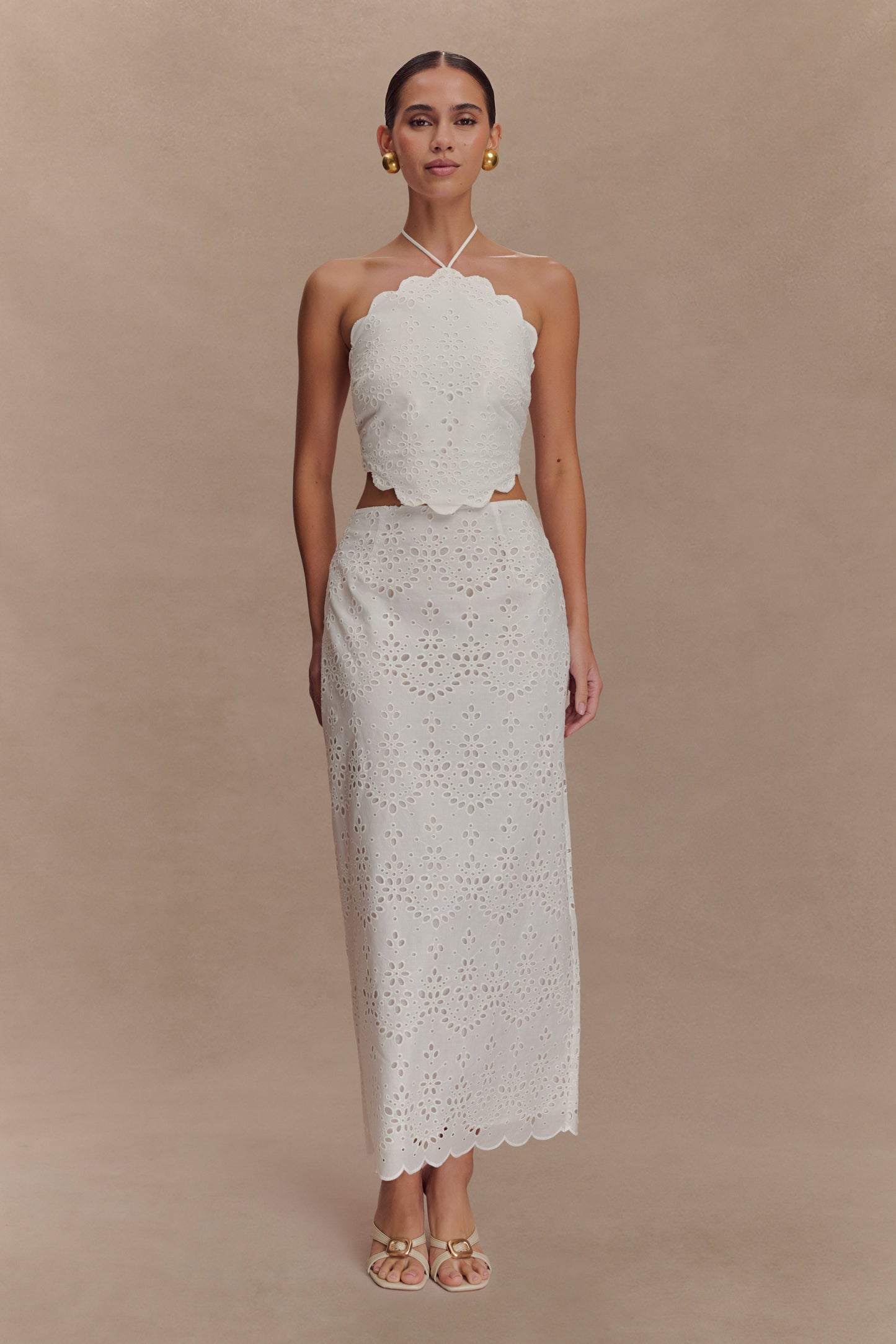 Kensley Broderie Halter Top - White