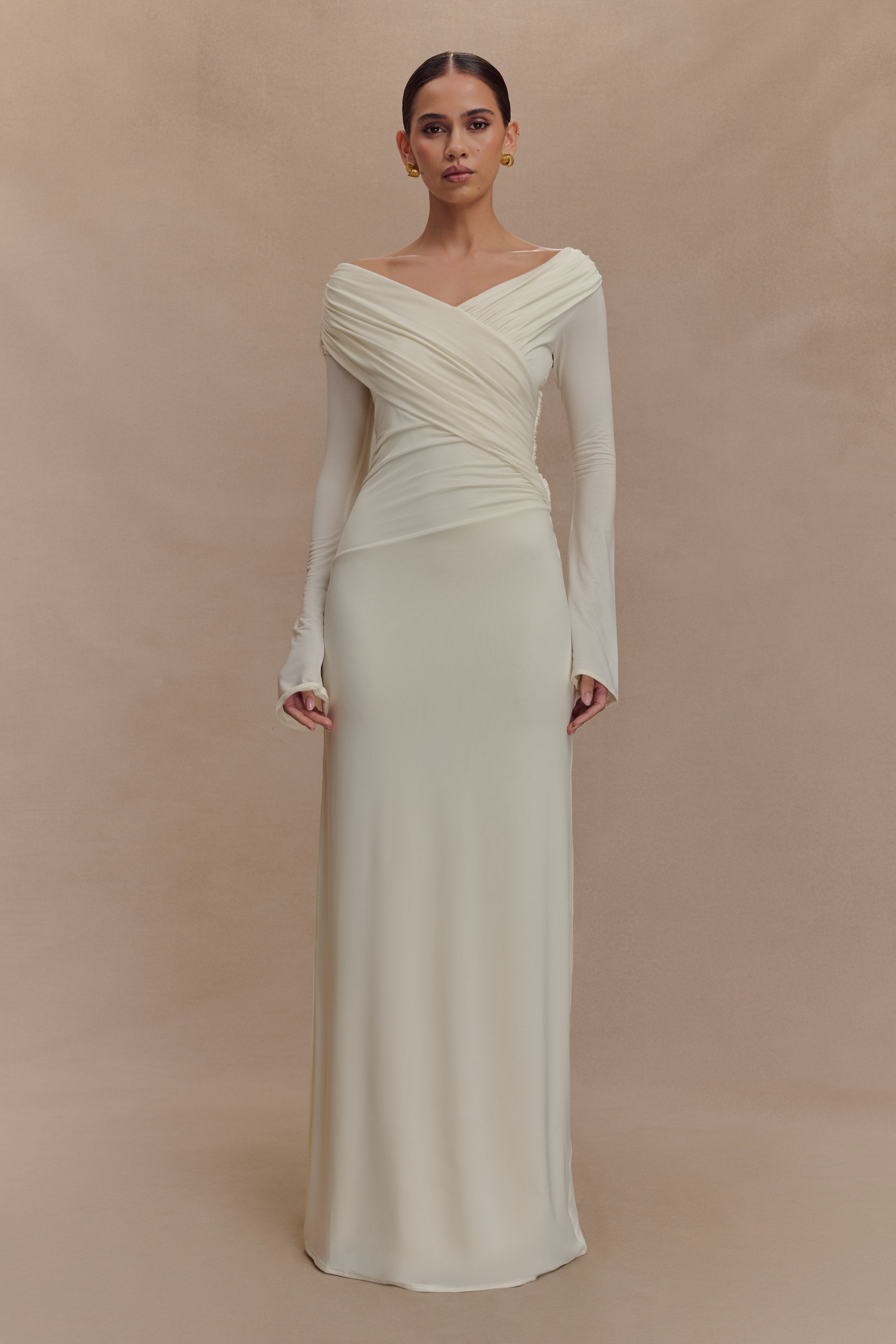 Hazel Off Shoulder Ruche Mesh Maxi Dress