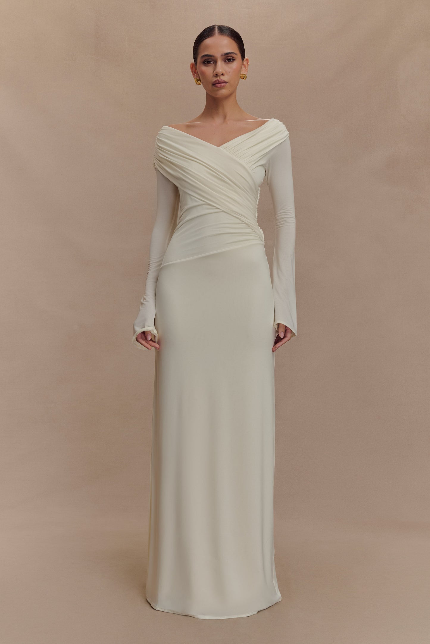 Therese Off Shoulder Ruched Maxi Dress - Ivory