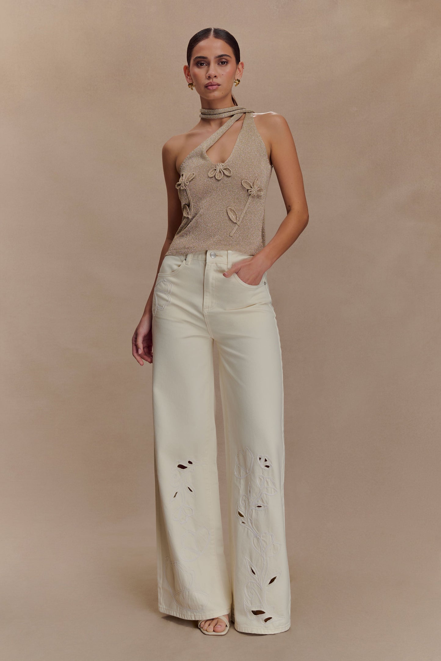 Leone One Shoulder Metallic Knit Top - Gold