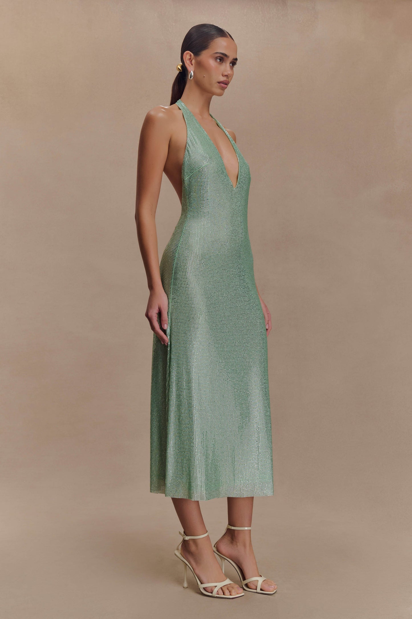 Genie Diamante Halter Midi Dress - Mint