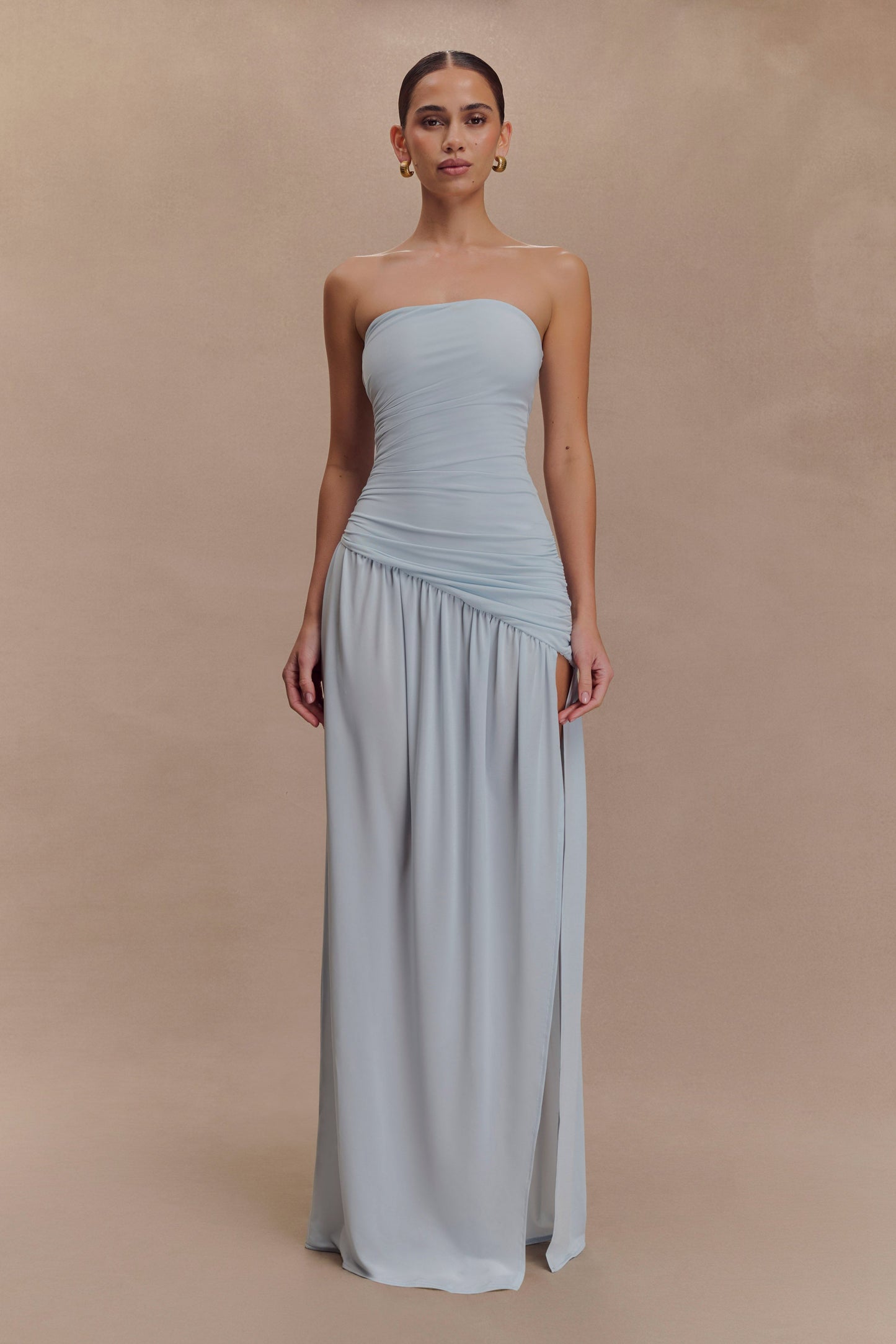 Bex Strapless Slinky Maxi Dress With Split - Pale Blue