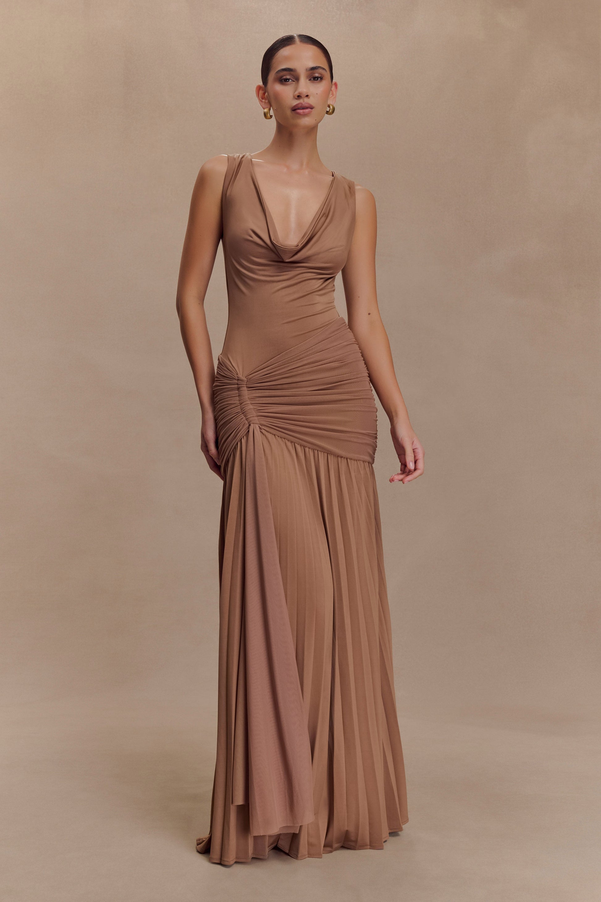 Dania Cowl Neck Slinky Maxi Dress - Mocha Mousse - View 2 | Shop Formal Dress
