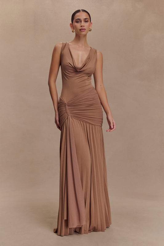 Dania Cowl Neck Slinky Maxi Dress - Mocha Mousse - View 1 | Shop Formal Dress
