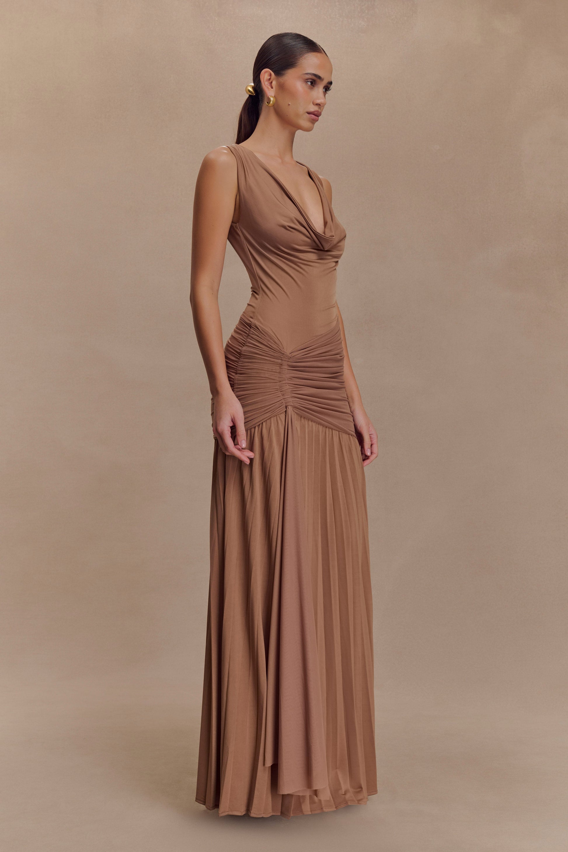 Dania Cowl Neck Slinky Maxi Dress - Mocha Mousse - View 4 | Shop Formal Dress