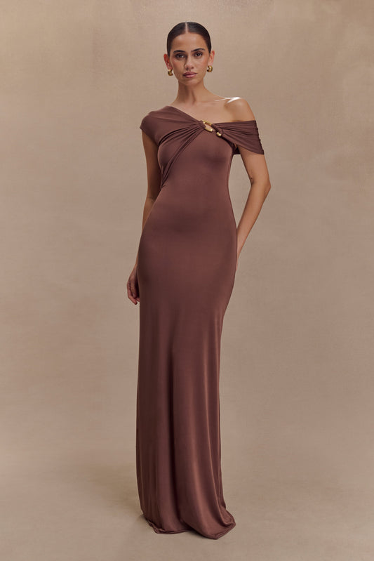 Ashford Asymmetrical Slinky Maxi Dress - Chocolate - View 1 | Shop Formal Dress