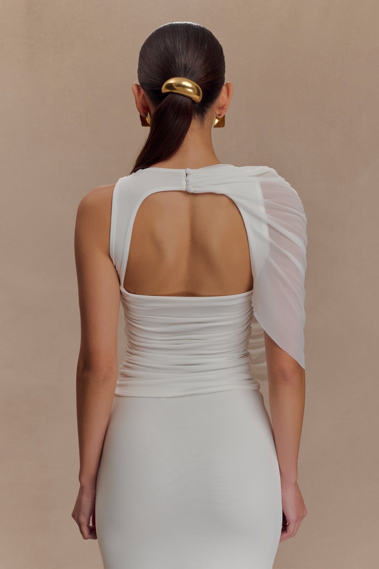 Pruedance Slinky Draped Top With Mesh Overlay - White