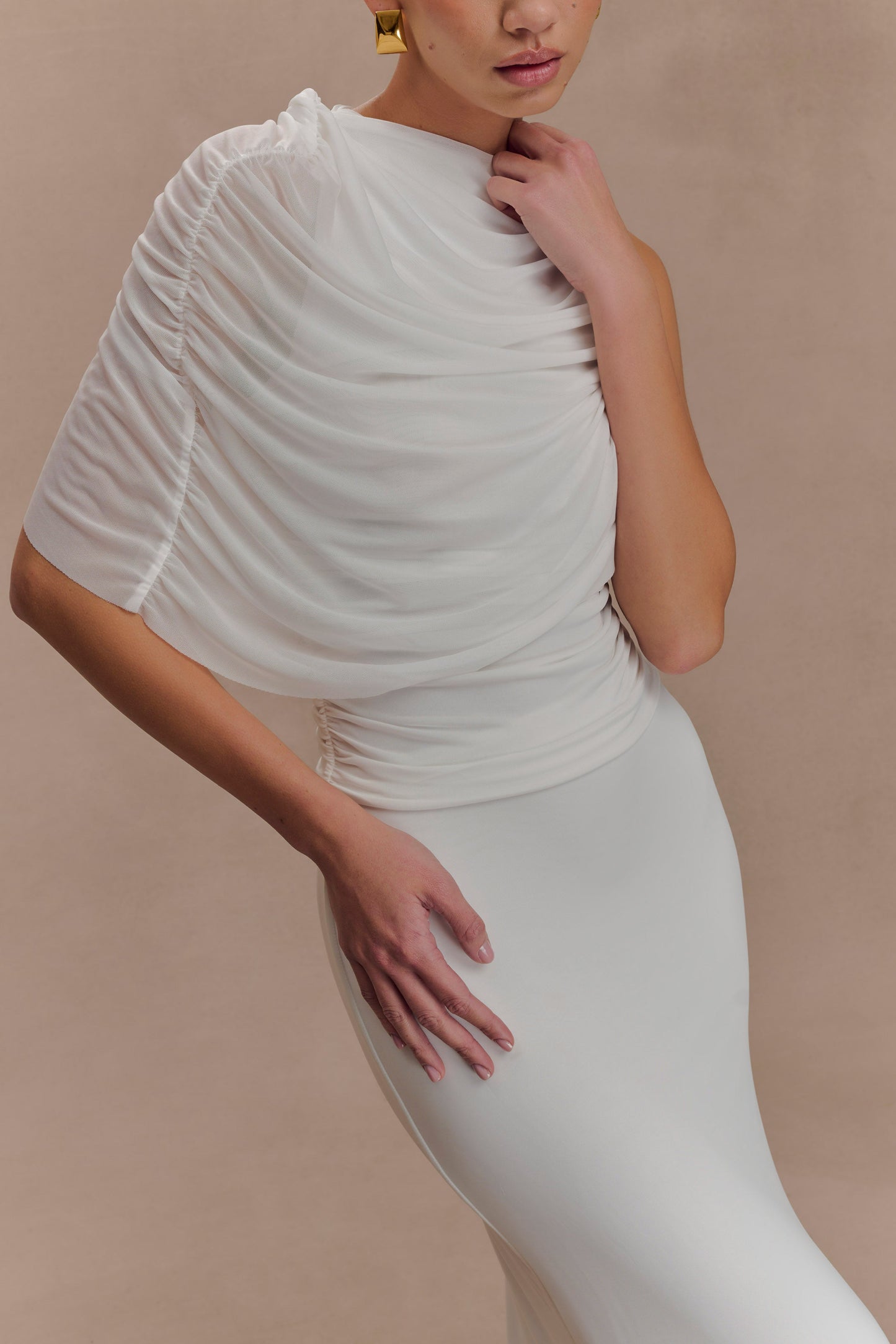 Pruedance Slinky Draped Top With Mesh Overlay - White