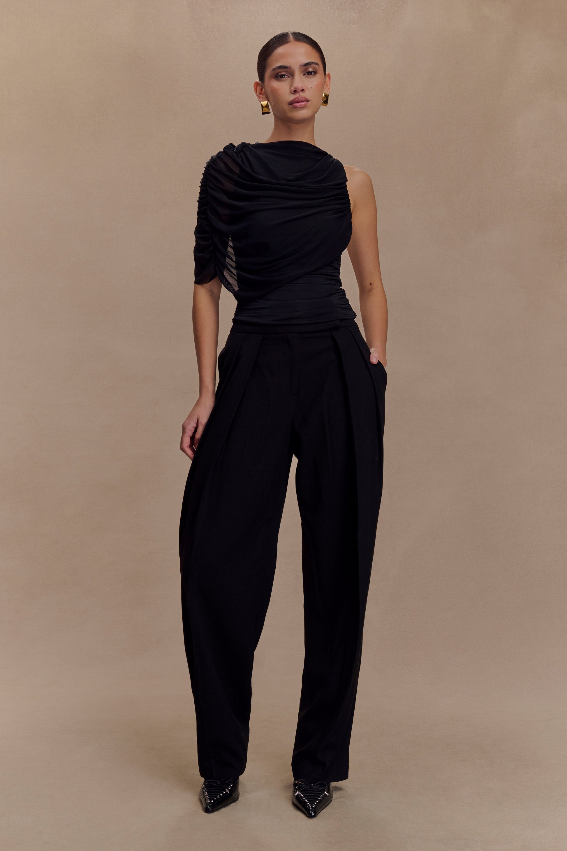 Collective Tops - Pruedance Slinky Draped Top With Mesh Overlay - Black sixth image