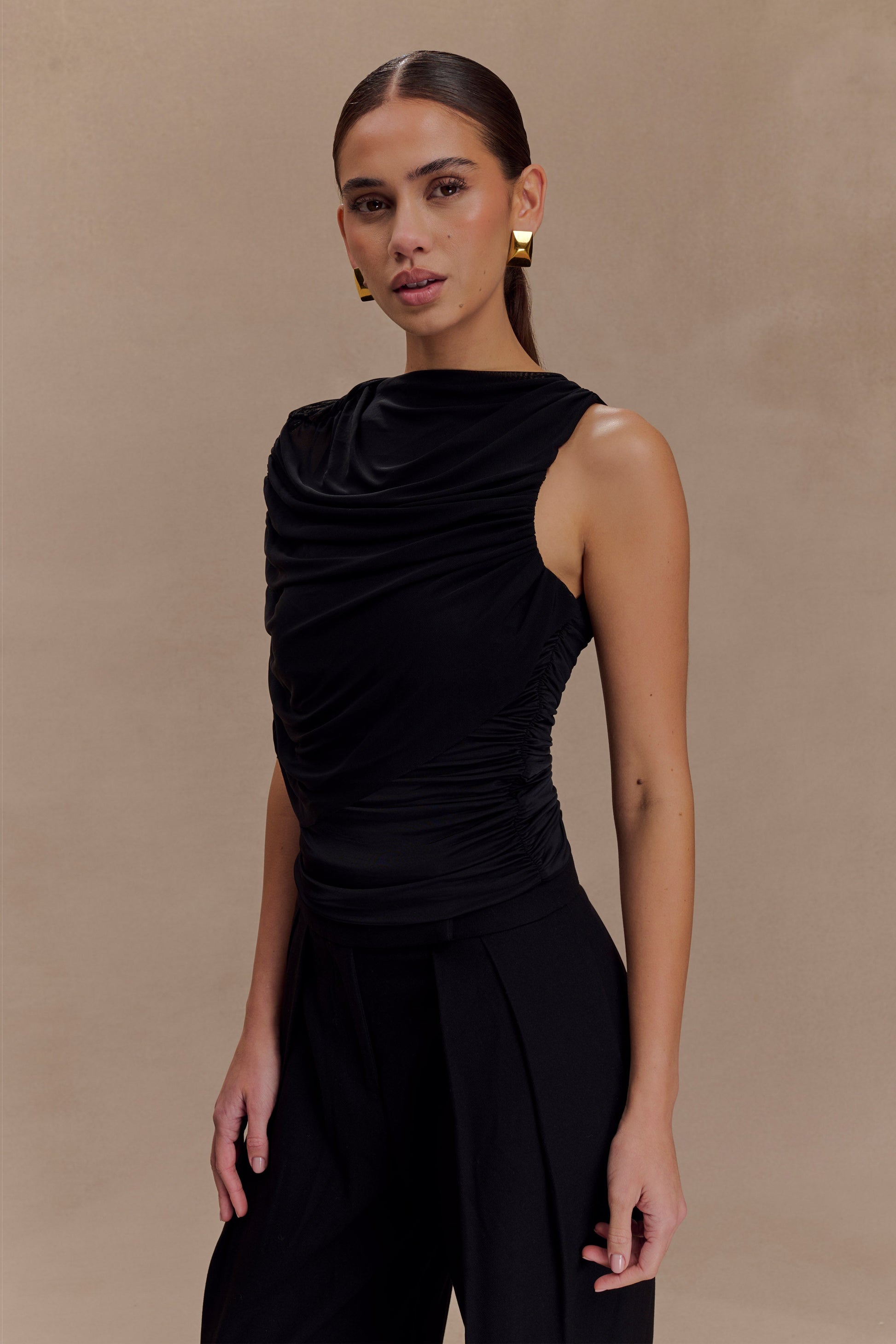 Collective Tops - Pruedance Slinky Draped Top With Mesh Overlay - Black fifth image