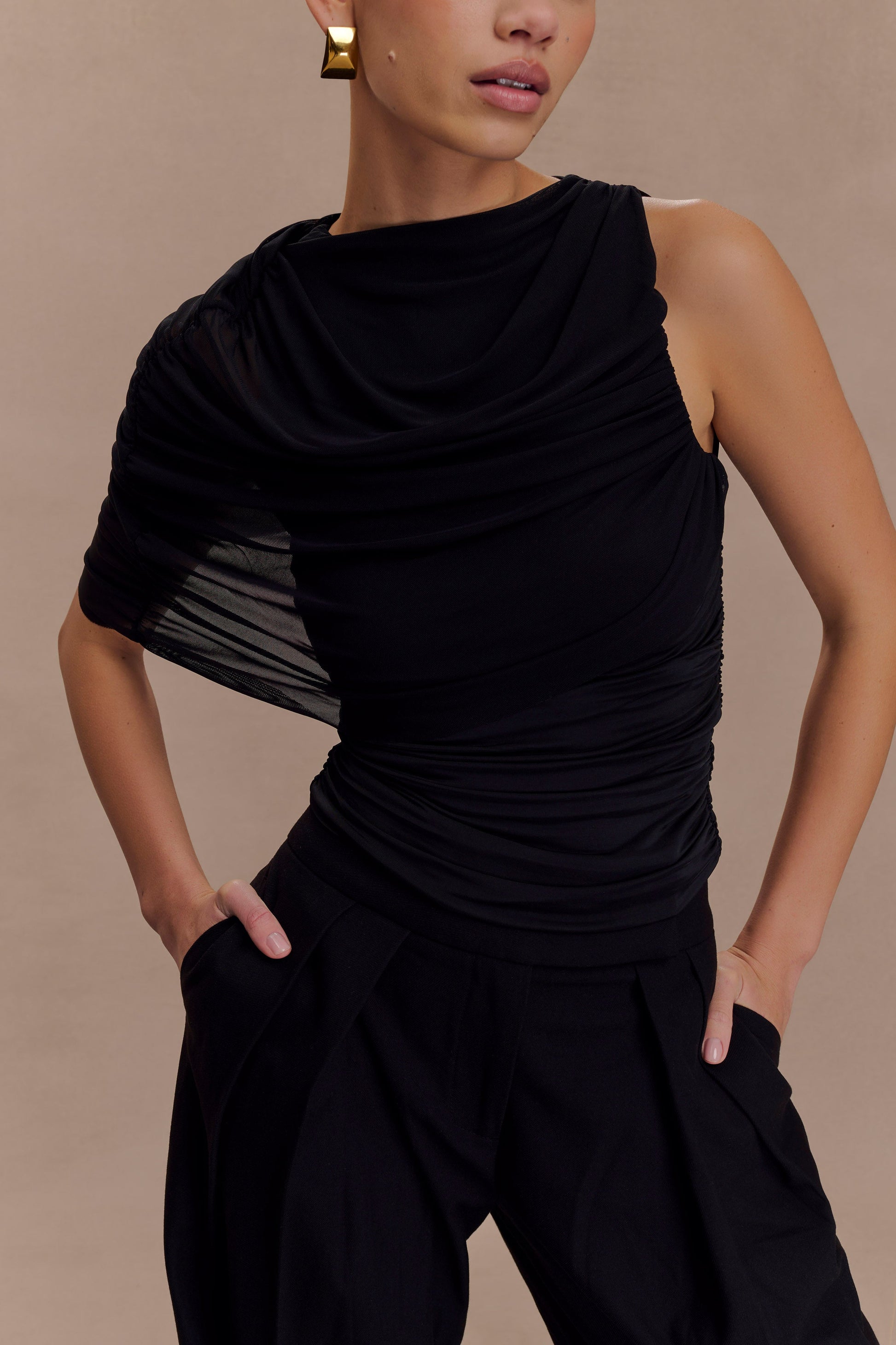 Collective Tops - Pruedance Slinky Draped Top With Mesh Overlay - Black secondary image