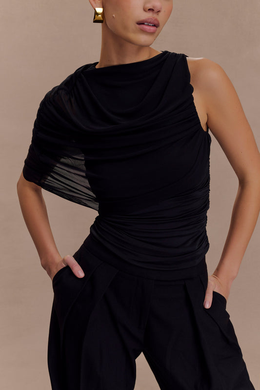 Collective Tops - Pruedance Slinky Draped Top With Mesh Overlay - Black featured image