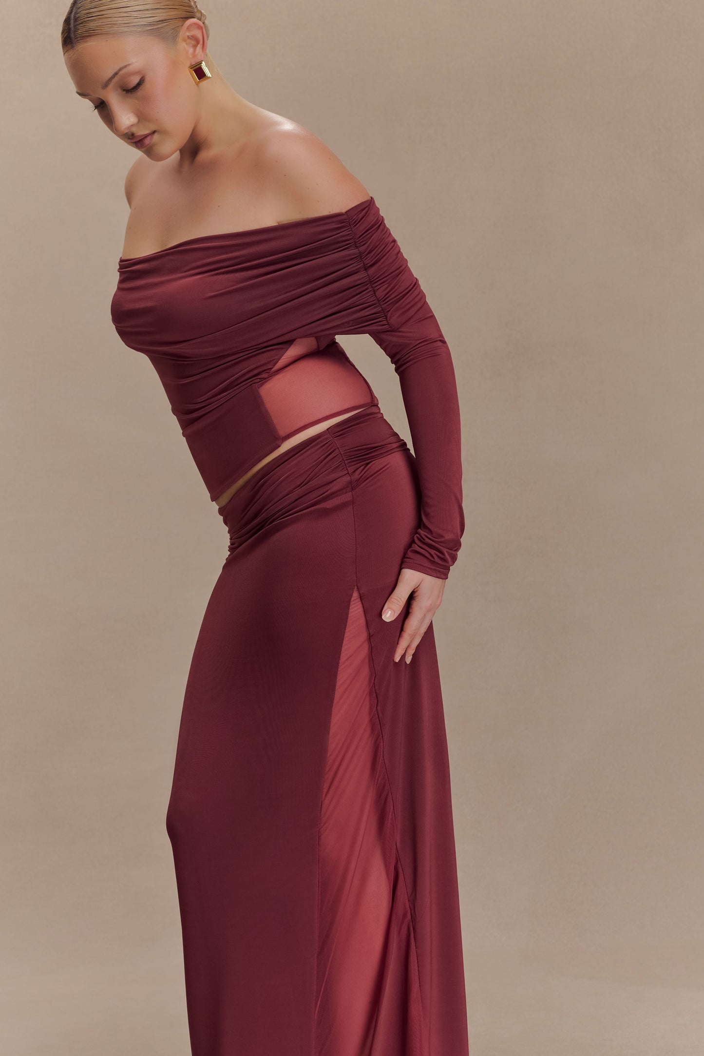 Judy Slinky And Mesh Maxi Skirt - Wine