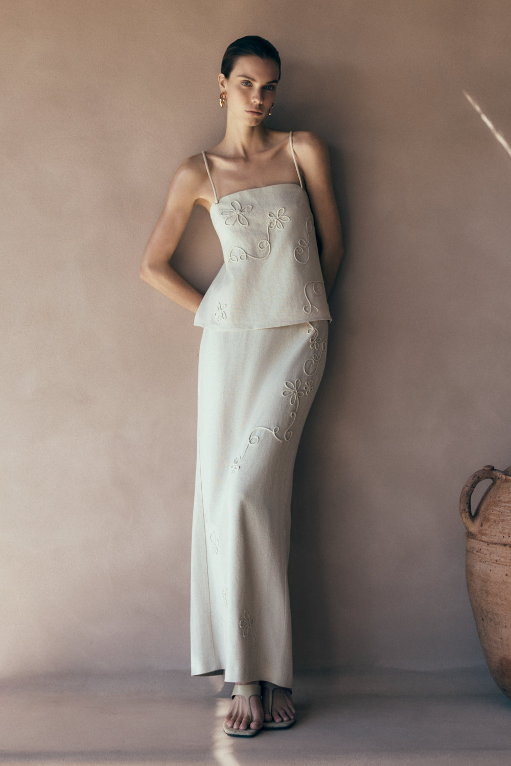 Casey Linen Embroidered Maxi Skirt - Natural