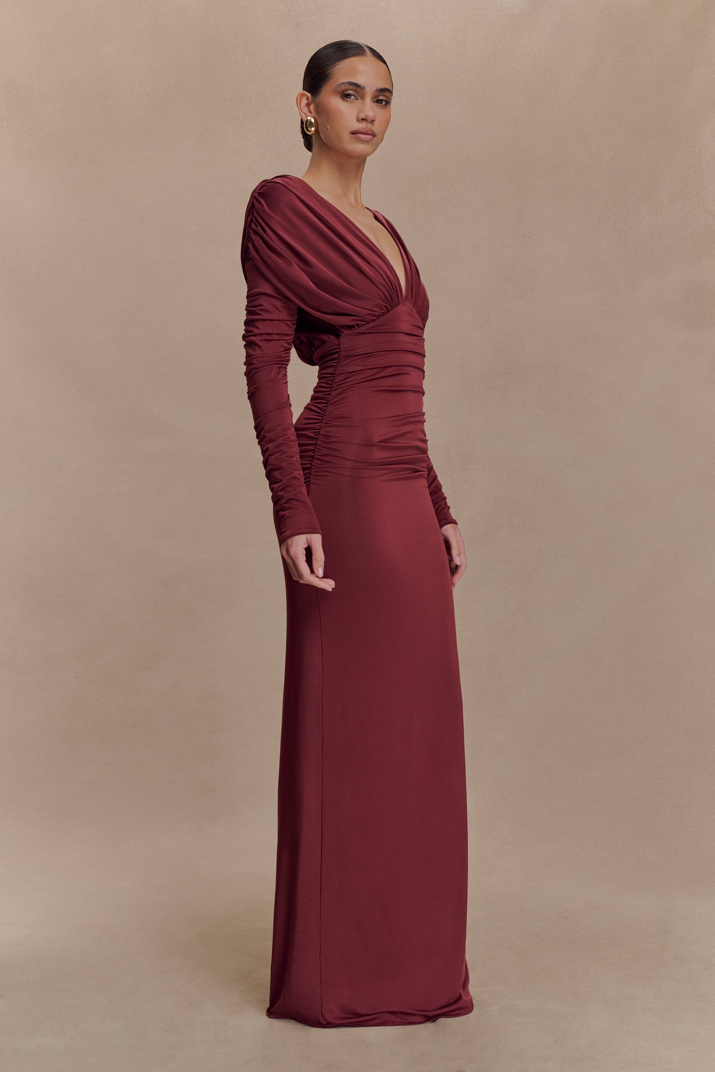 Hayden Long Sleeve Plunge Maxi Dress - Wine