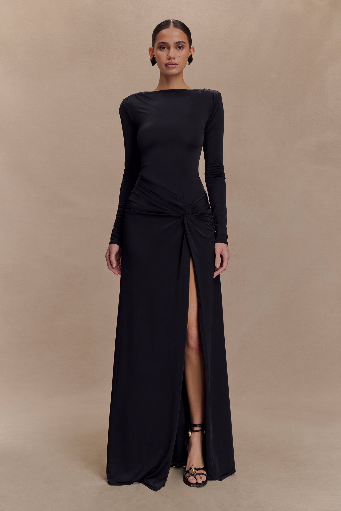 Deanna Long Sleeve Gathered Maxi Dress - Black