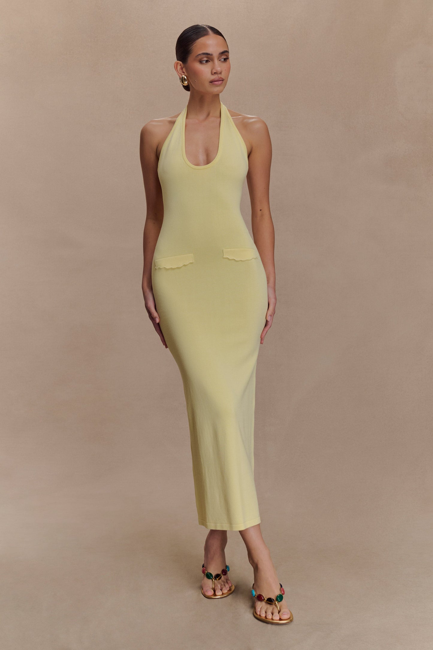 Ovina Halter Neck Knit Midi Dress - Lemon