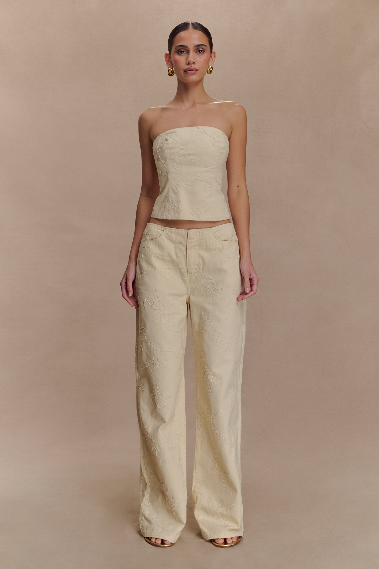 Ebony Embroidered Denim Jeans - Cream