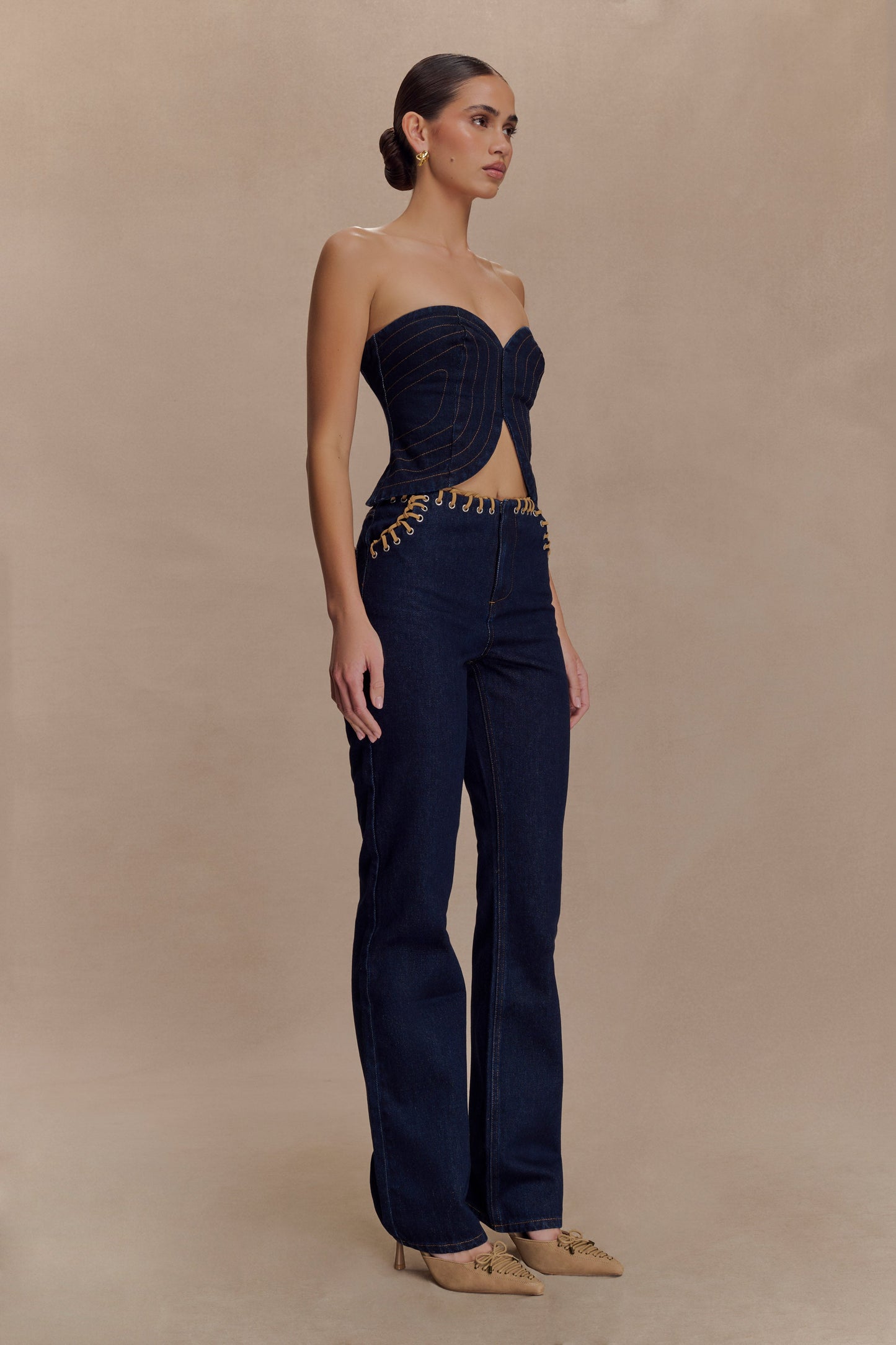 Meryl Lace Up Denim Jean - Indigo Blue