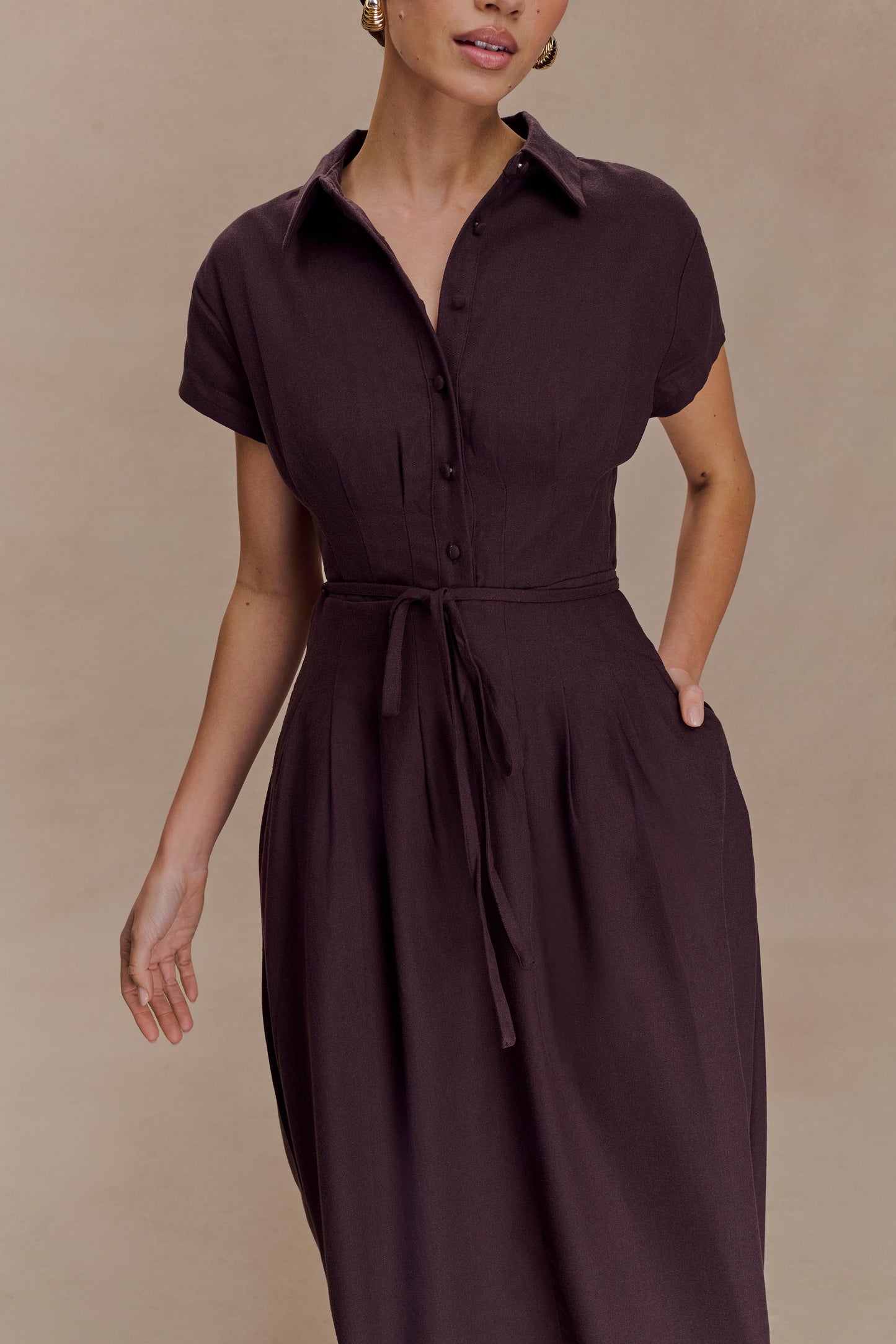 Aysha Buttoned Linen Midi Dress - Chocolate