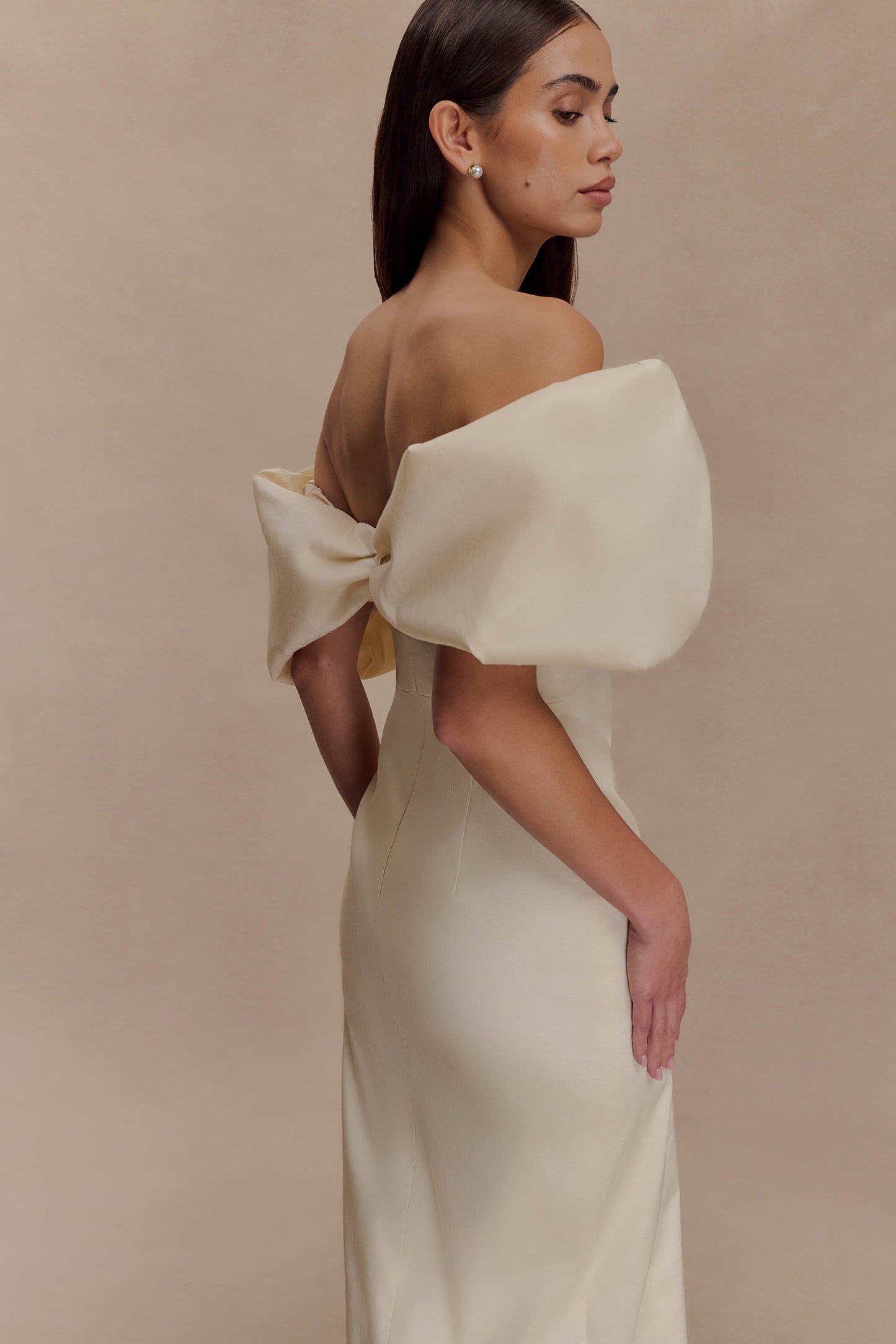 Angelica Taffeta Off Shoulder Bridal Gown - Soft Beige