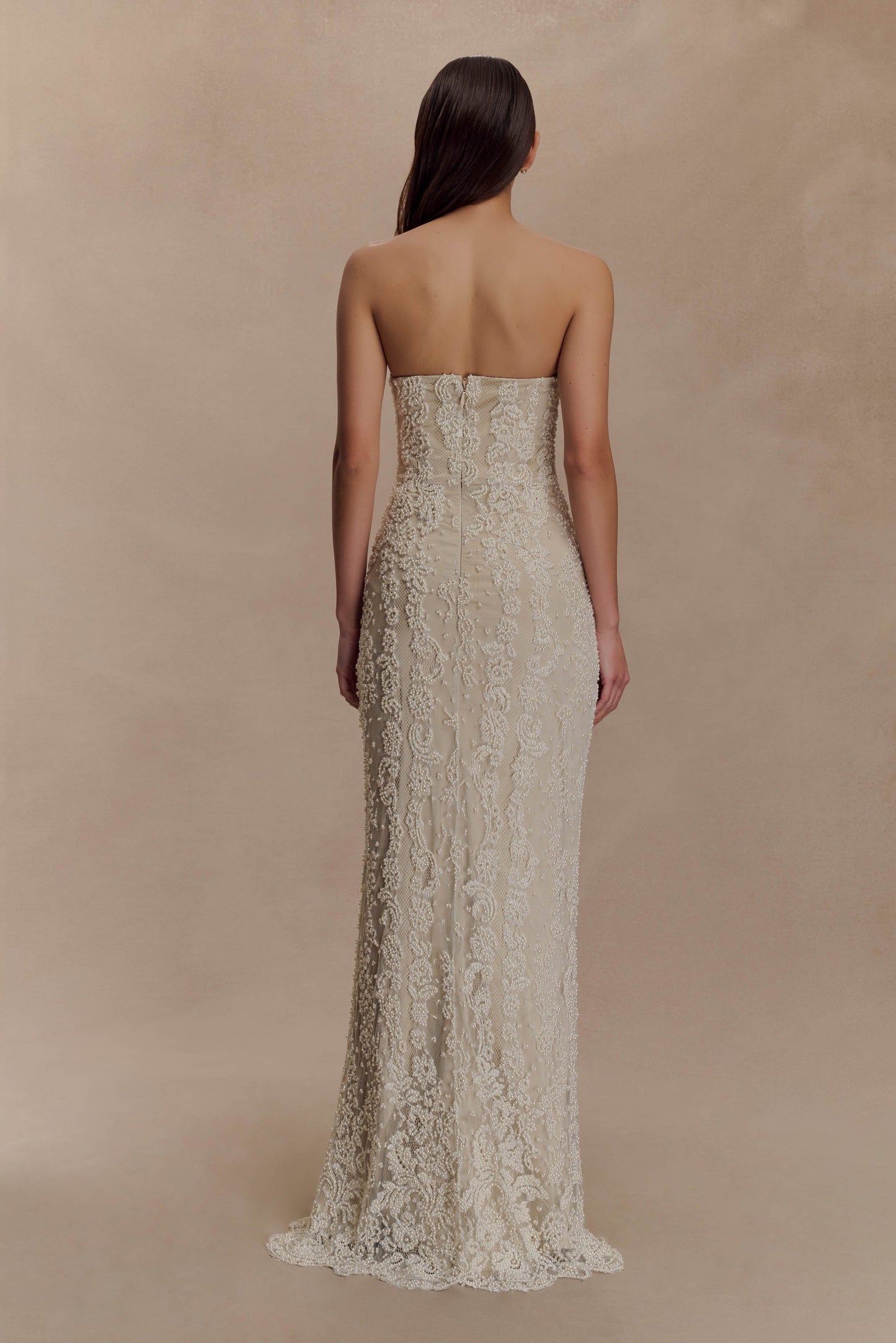 Eva Hand Beaded Pearl & Lace Maxi Dress - White