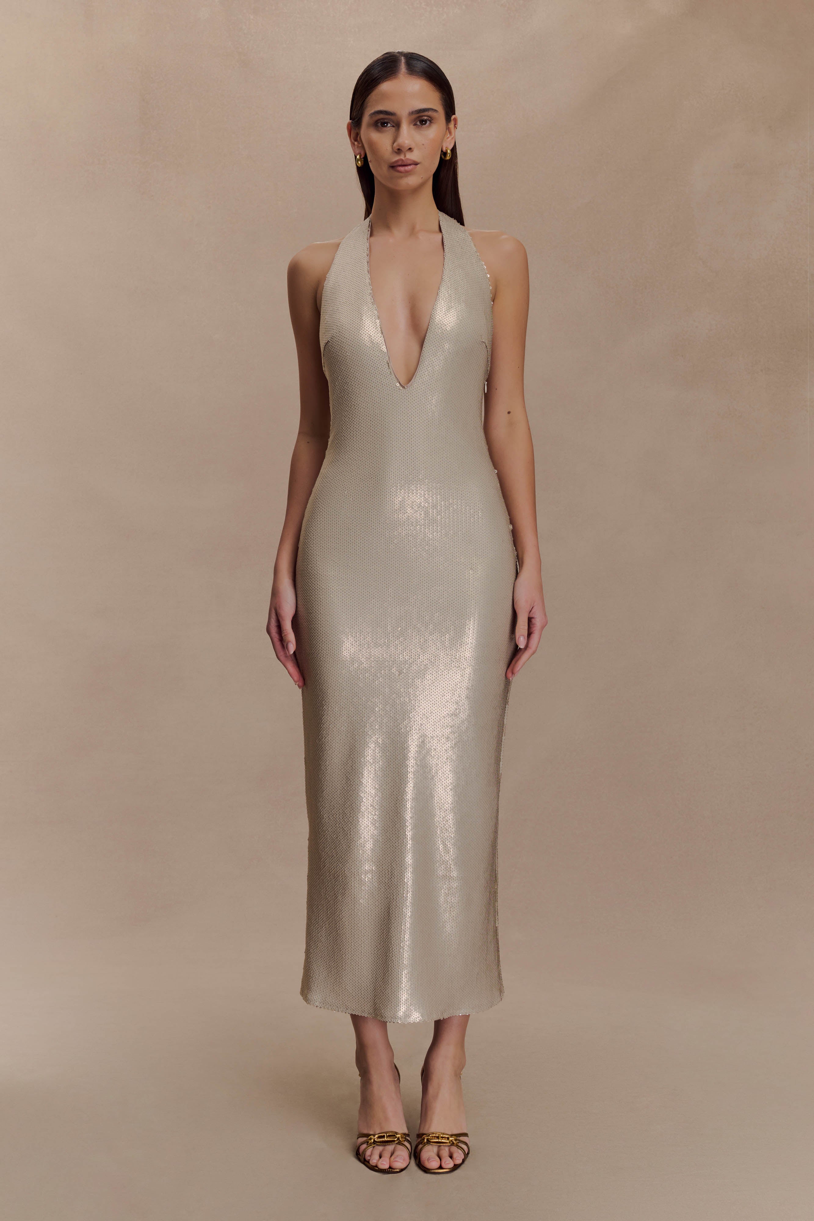 Carnation Sequin Halter Midi Dress Gold MESHKI