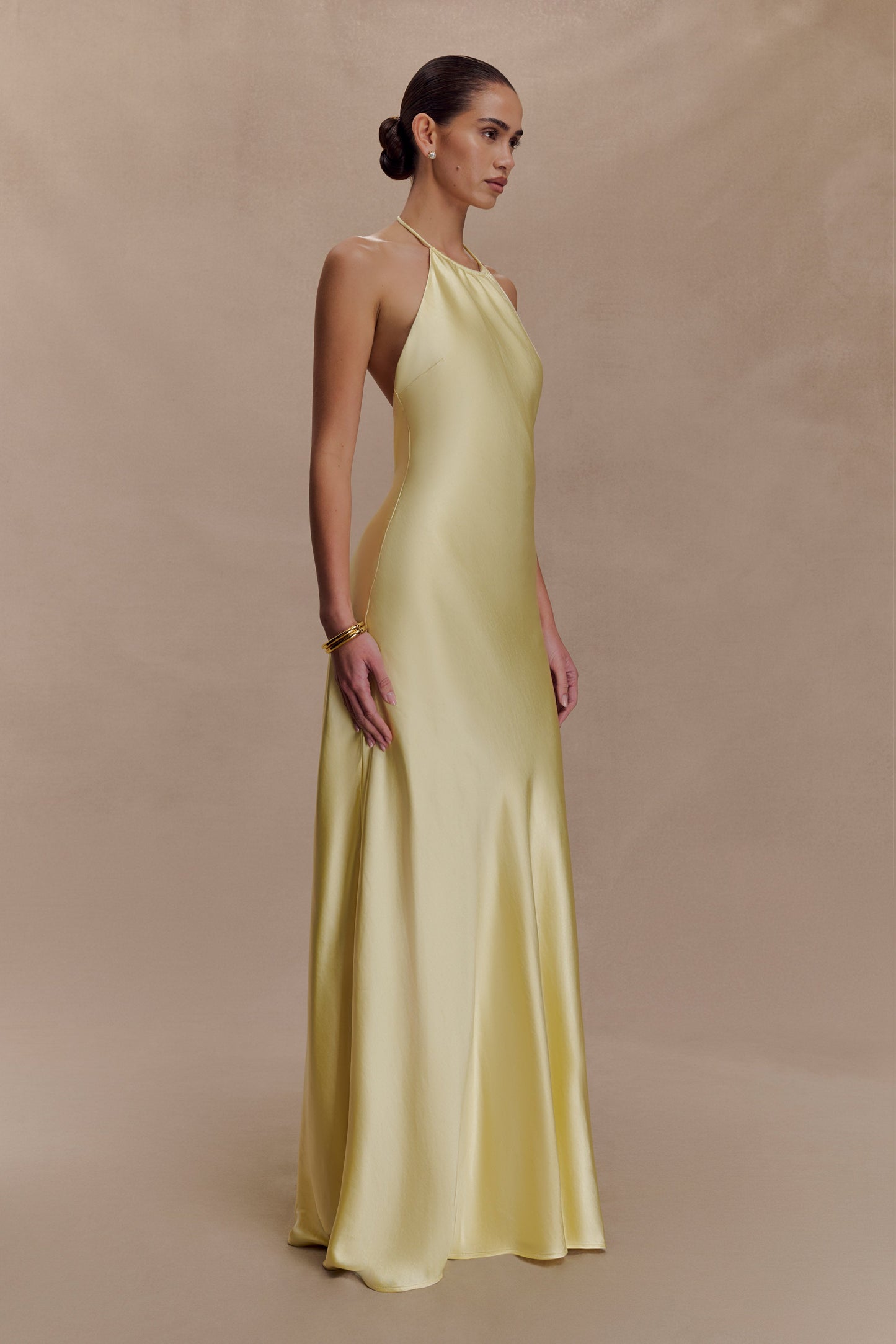 Bella Satin Halter Maxi Dress - Lemon