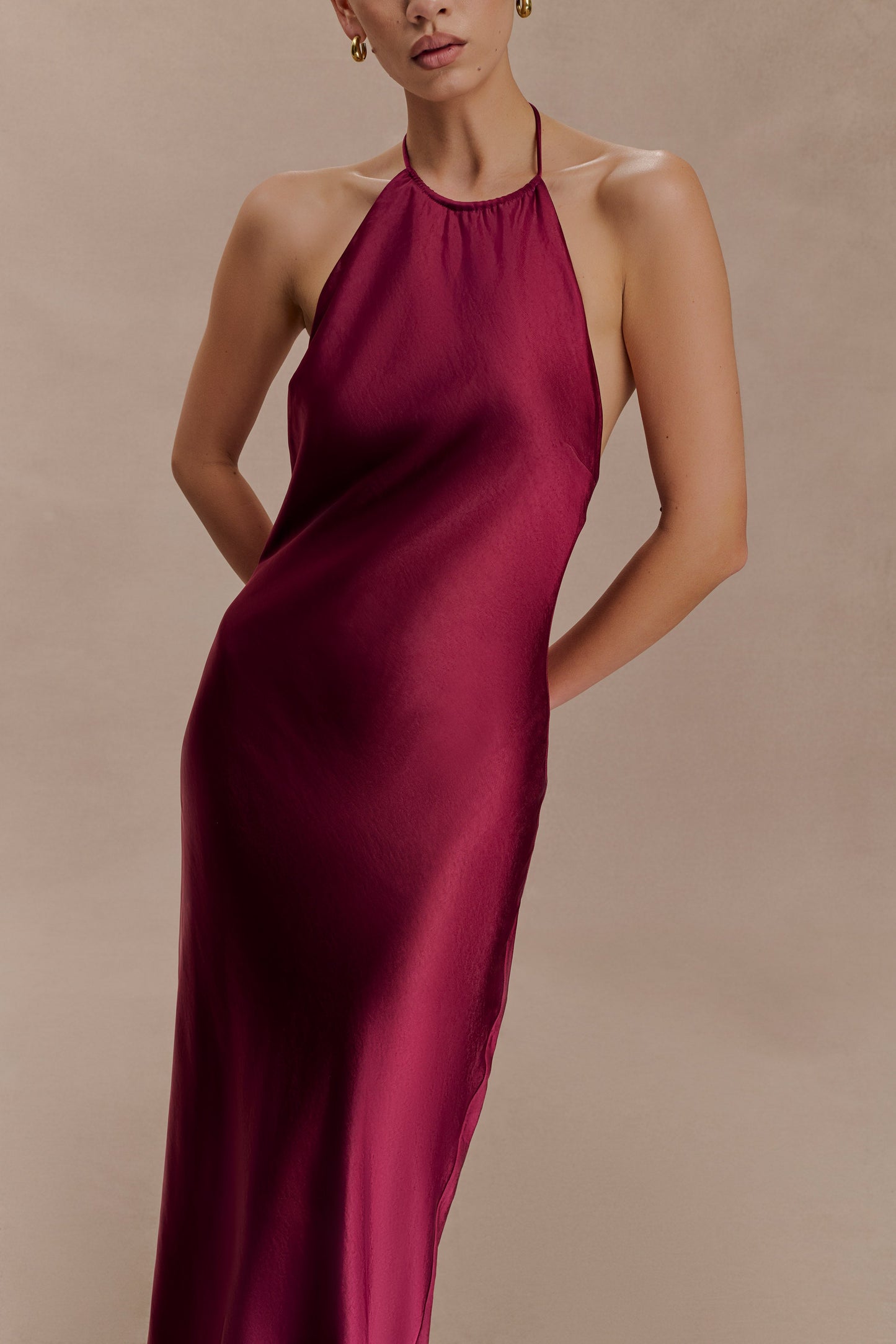 Bella Satin Halter Maxi Dress - Mahogany