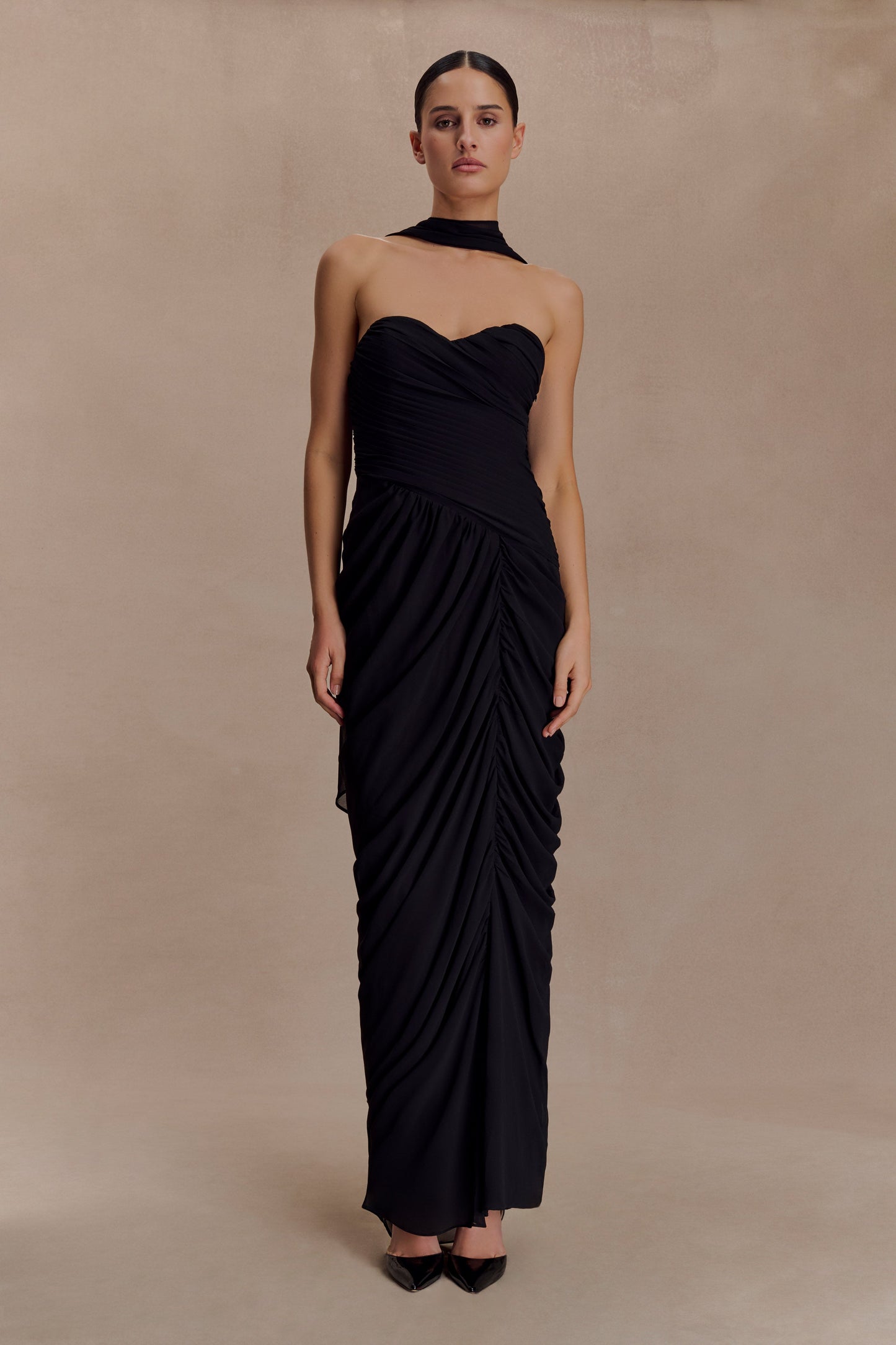 Micaela Chiffon Gathered Maxi Dress - Black