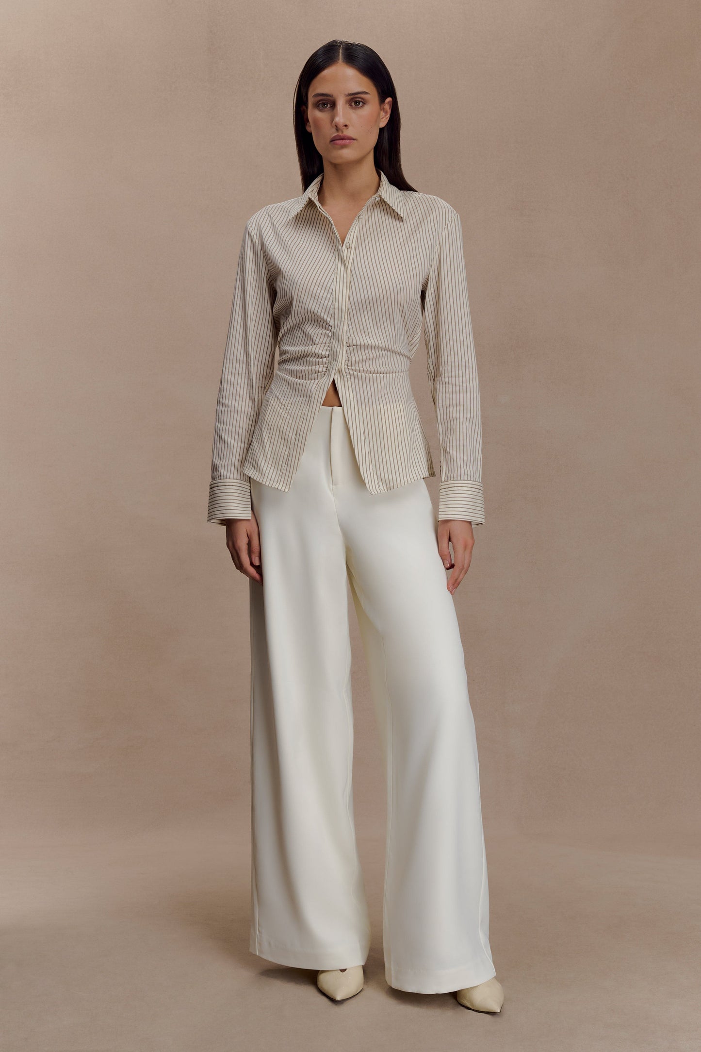 Millie Tie Back Cotton Shirt - Beige Pinstripe