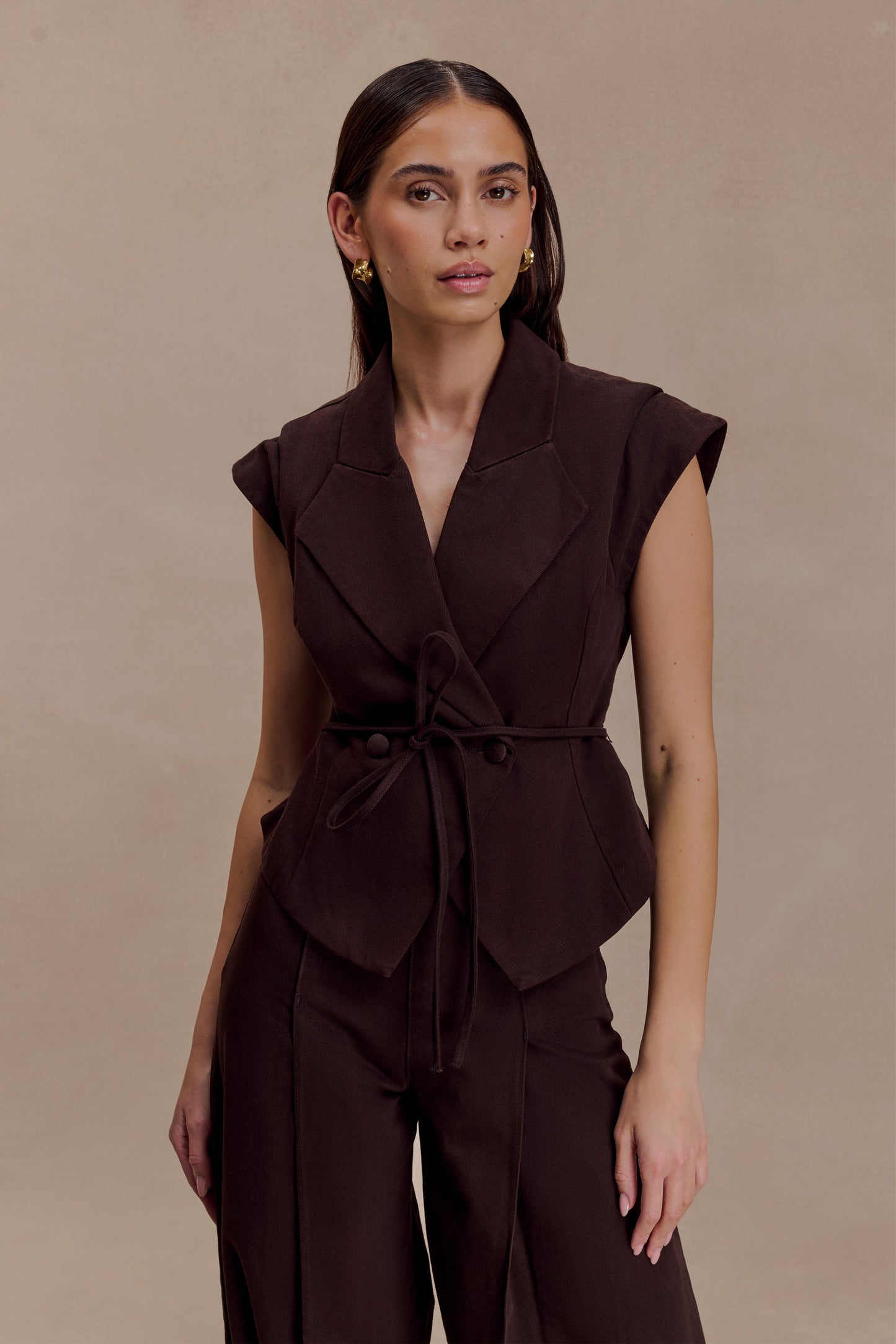 Charley Structured Tie Denim Top - Chocolate