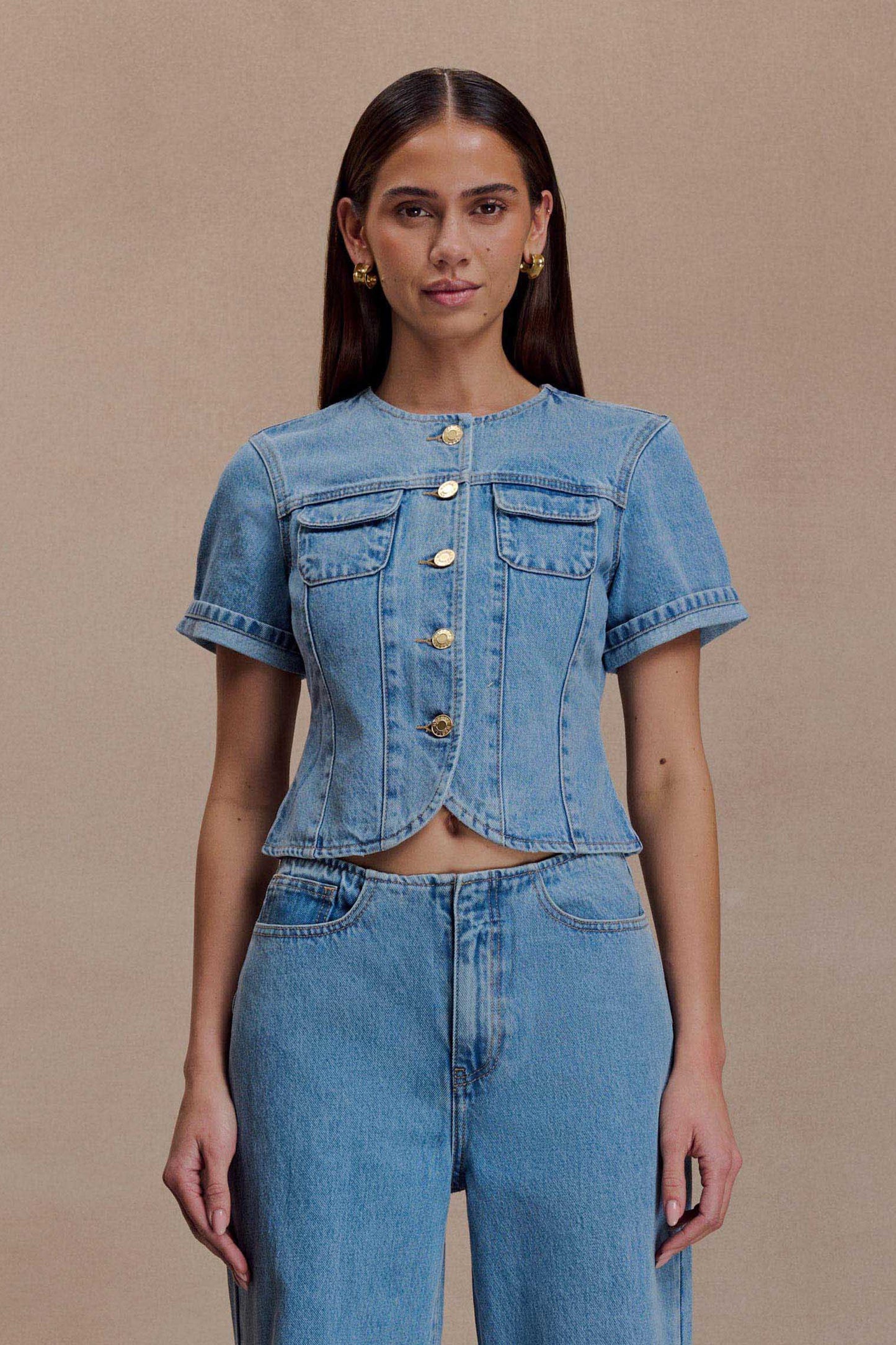 Marge Fitted Denim Short Sleeve Top - Classic Blue