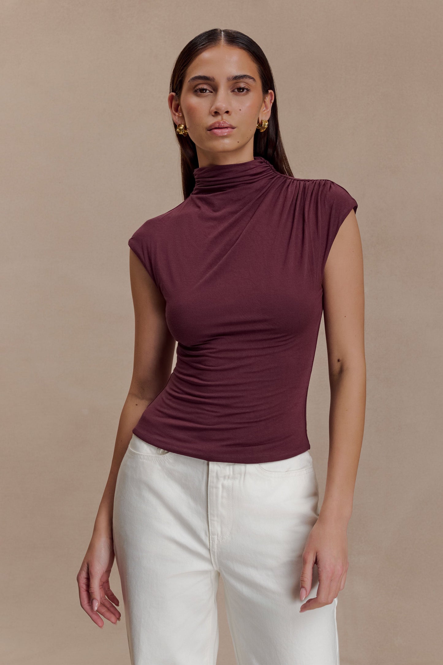 Freesia High Neck Sleeveless Top - Mahogany
