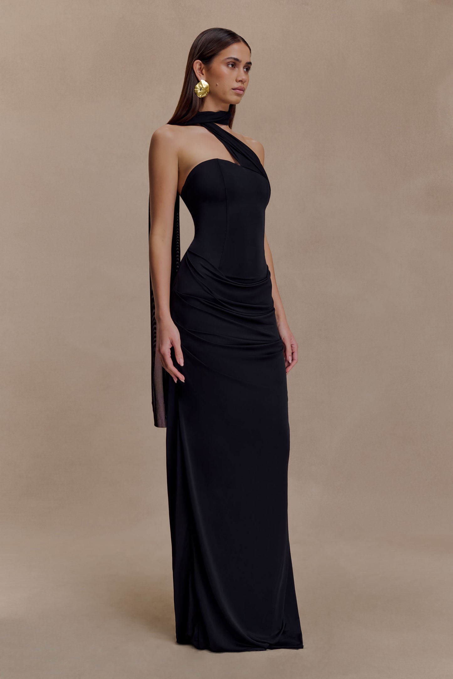 Mattea Slinky And Mesh Maxi Dress With Scarf - Black