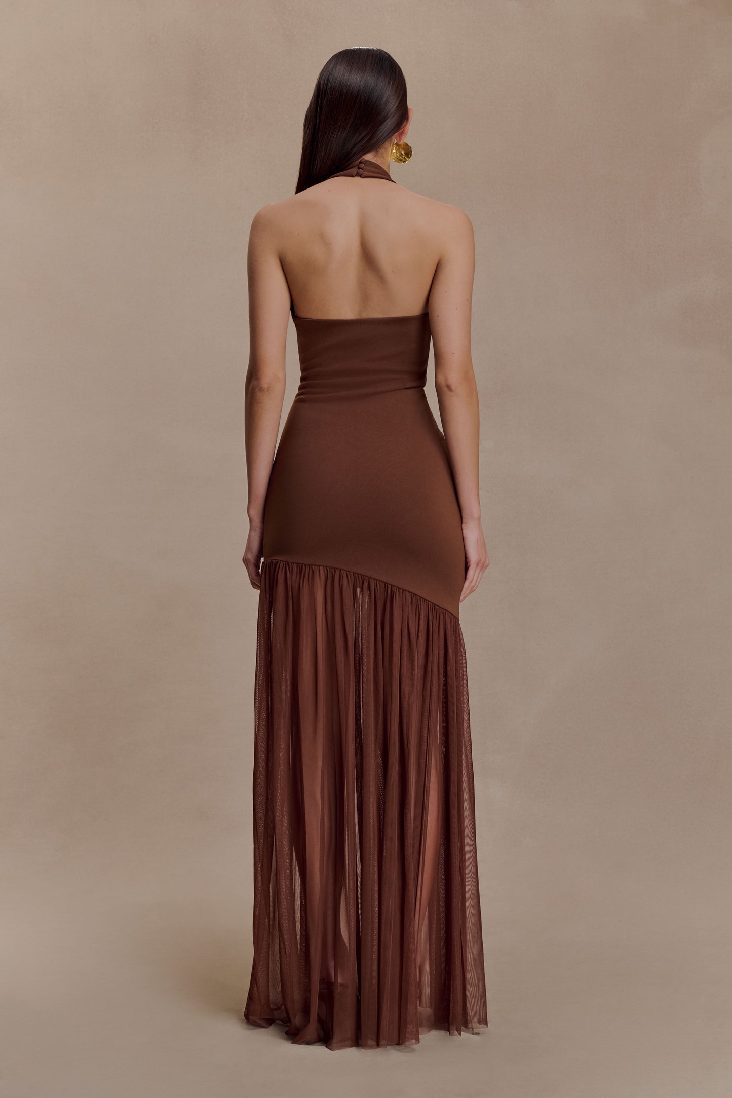 Aubree Crepe And Mesh Maxi Dress - Chocolate/Mocha