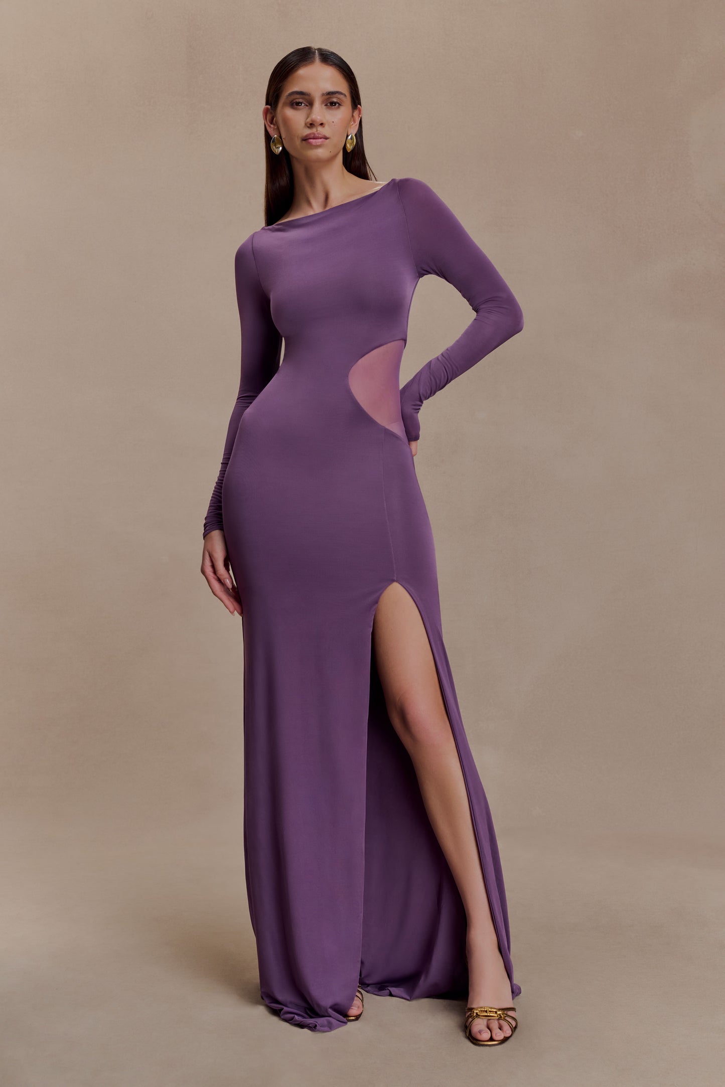 Megan Slinky And Mesh Maxi Dress - Purple