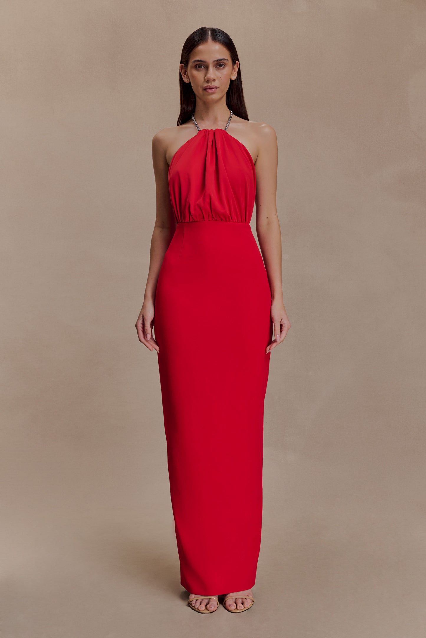 Elina Satin Necklace Maxi Dress - Red
